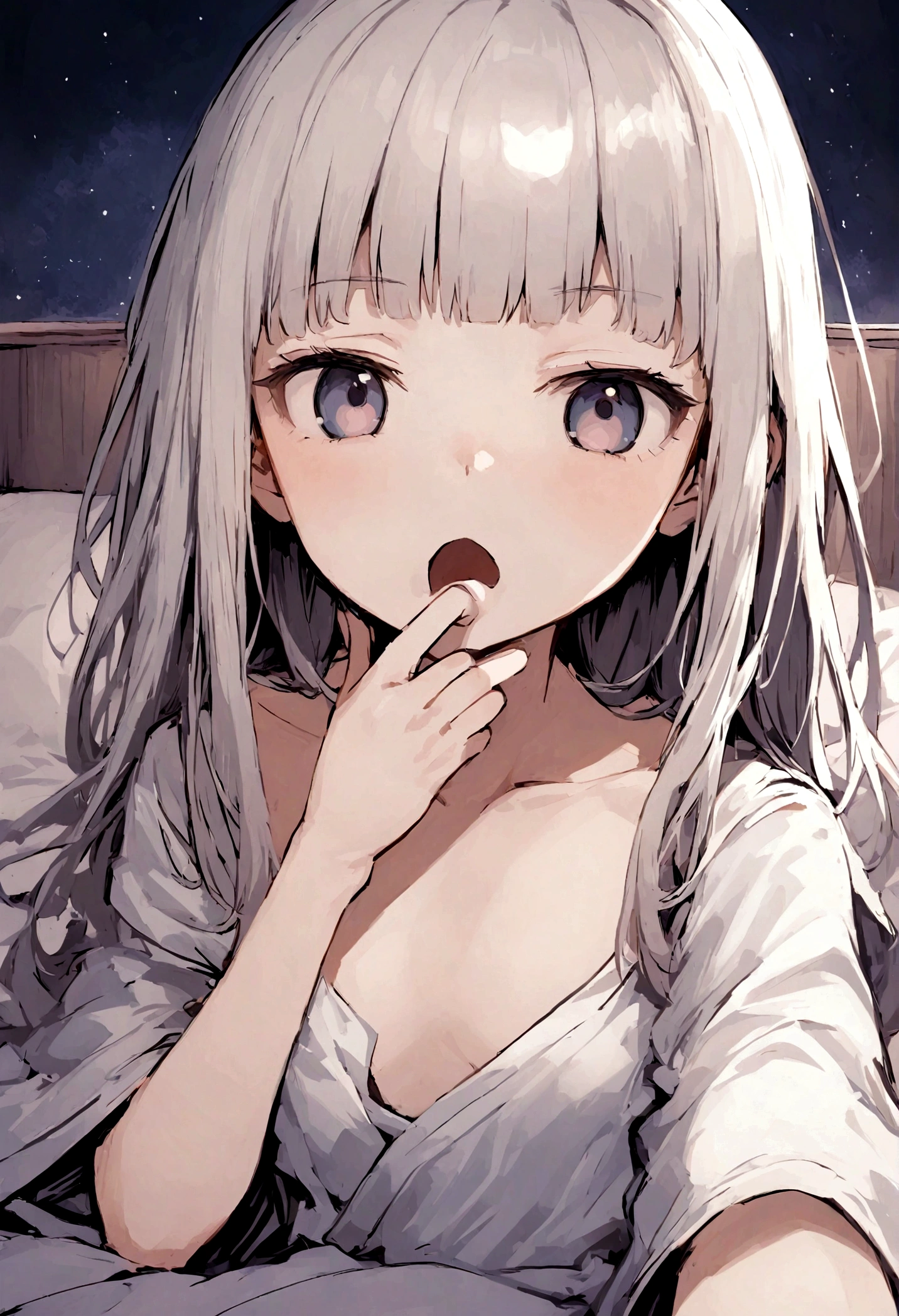 Generate a full-body image of a 13-year-old Japanese woman. She is very slim with no bust. Her hair is short. She is lying in bed at night, taking a selfie with her mouth open, showing a serious