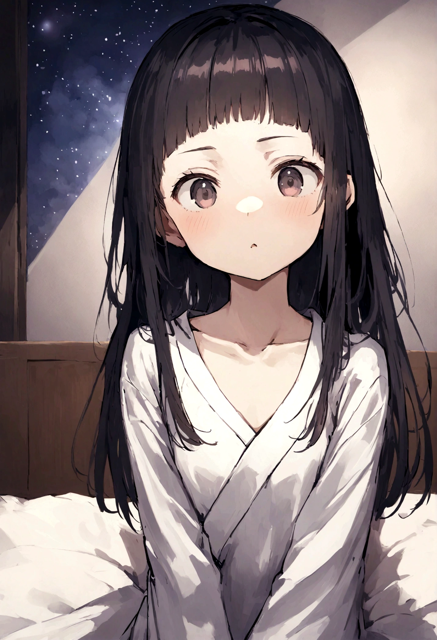 Generate a full-body image of a -yeld Jaese woman. She is very slim with no bust. Her hair is short. She is lying in bed at night, taking a selfie with her mouth open, showing a serious
