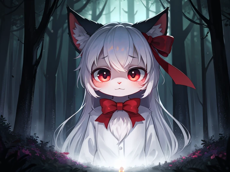Hallucination, daydream , bokeh , A dense foggy forest leading to purgatory , White face, big eyes and a red ribbon , hell kitty