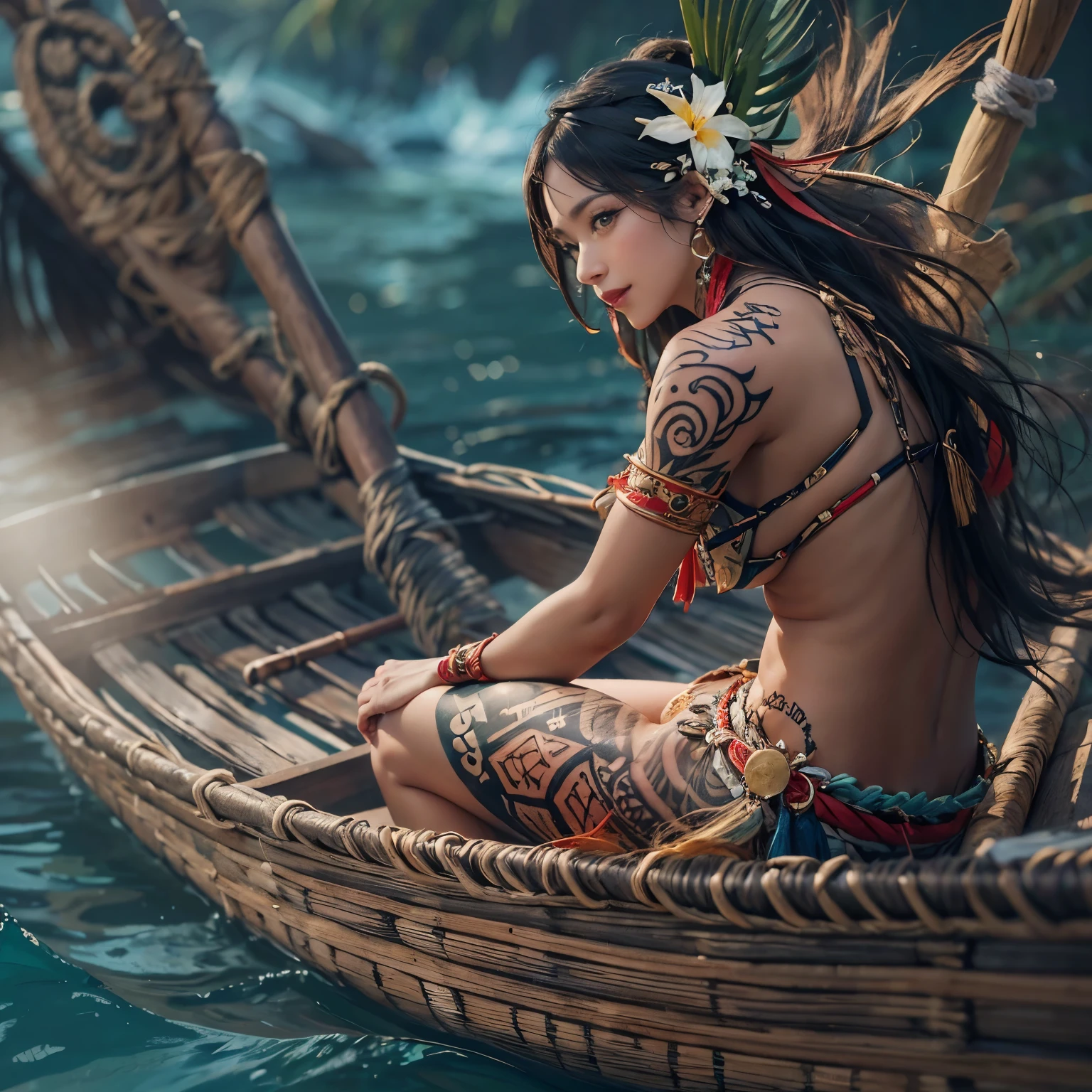 Polynesian Sea、Hair blowing in the wind 、 ((highest quality、masterpiece、8k、Best image quality、Ultra-high resolution、Award-winning works)、(Accurate anatomy:1.1)、(Look at me and smile:1.0)、Shining fair skin with Ultra-high resolution、The most detailed face、Ultra-high resolution detailed face、Ultra-high resolutionの髪の毛、(Ultra-high resolution eye:1.1)、Beautiful face drawn in every detail、Polynesian Costume,tiny breast, Polynesian Tattoo, Polynesian canoe、Wearing Polynesian costumes:1.2.