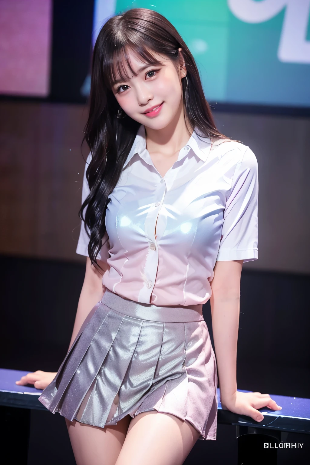 (8k), (highest quality: 1.2), (Realistic), (Realistic: 1.37), Ultra-high resolution, 1 girl, cute, (Embarrassed smile:1.2), (Blushing:1.4),Mouth closed, Beautiful details, Beautiful Nose, silky Hair, Thighs,Navel exposed,University Student Uniform,A simple light color blazer,Pleated skirt,Platform boots,Dancing on the school stage,(Shiny Thighs:1.4),Medium Shot,