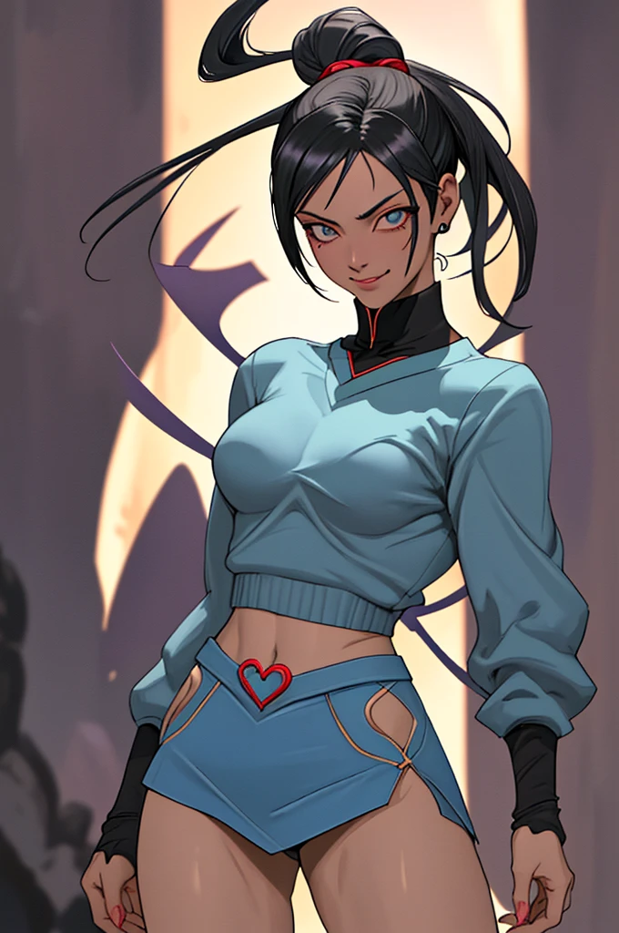 Juri Han,,visto de cima,olhando de cima,olhando para cima,melhor qualidade,roupa azul,chun-li,Sozinho, Obra de arte, melhor qualidade, agrias, gray sweater, collant preto, standing, olhando para o espectador, cabelo curto,os olhos,evil smile, olhar maligno,luvas preta,roupa azul,yandere rosto,poor lighting,coxa sarada copo detalhado,olhando para frente Juri Han,bela,mao detalhada