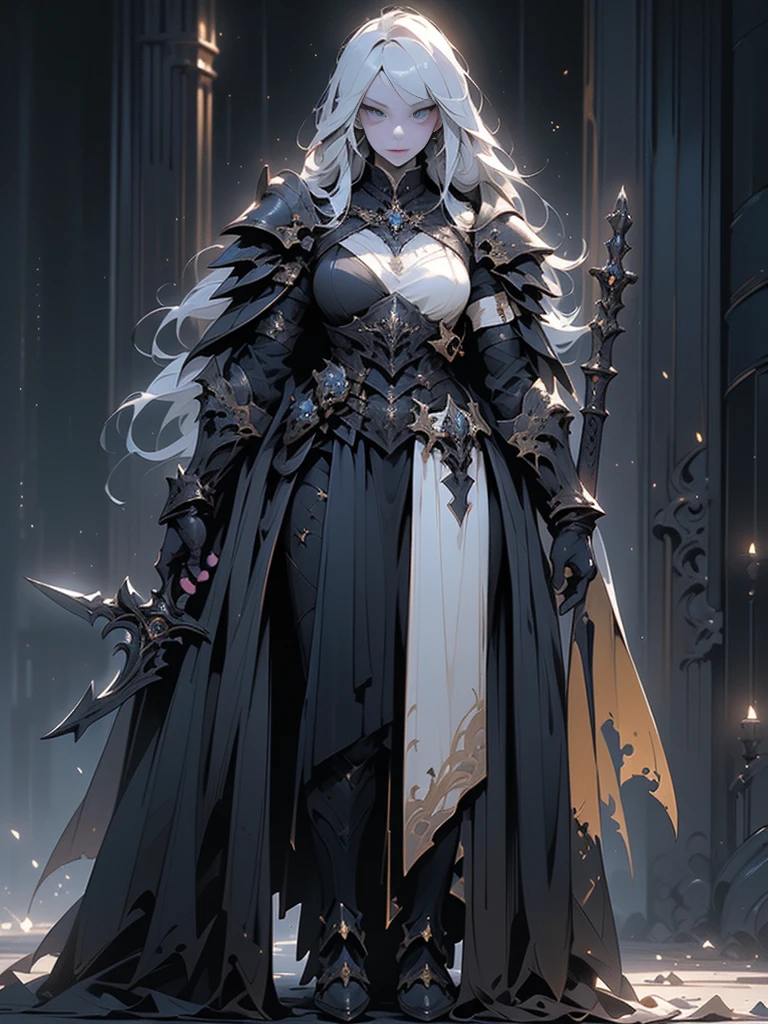 Design a layout showcase Gaming character, (1girl). Black+Gold clothes, opulent and dark, ((showcase weapon:1.4)), cursed blade, (masterpiece:1.2), (best quality), 4k, ultra-detailed, (Step by step design, layout art:1.5), (gloomy lighting, cursed atmosphere), dark knight, ((cursed gloves)), (((revealing armor:1.3))), dark vambraces, cursed boots, (((full_body_shot:1.4)))