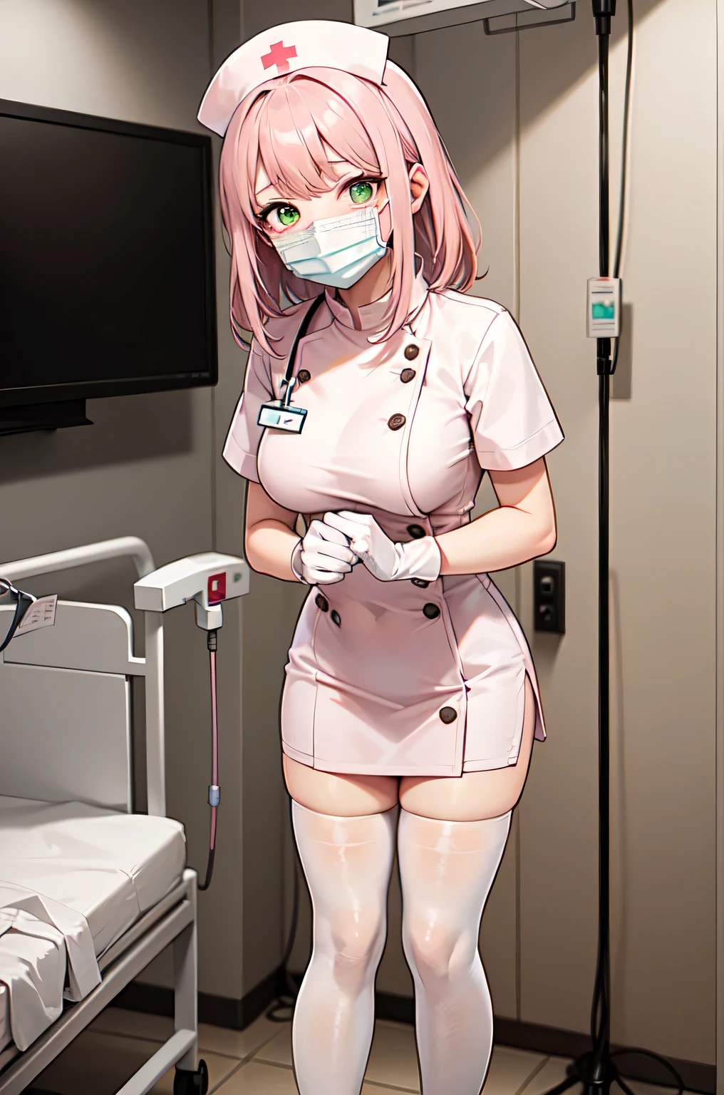 1girl, solo, nurse, white nurse cap, white nurse uniform, ((white legwear, zettai ryouiki)), white gloves, pink hair, green eyes, drooping eyes, ((white surgical mask, covered nose)), standing, ((hospital room)), sharp outline, short sleeves, best quality, masterpiece