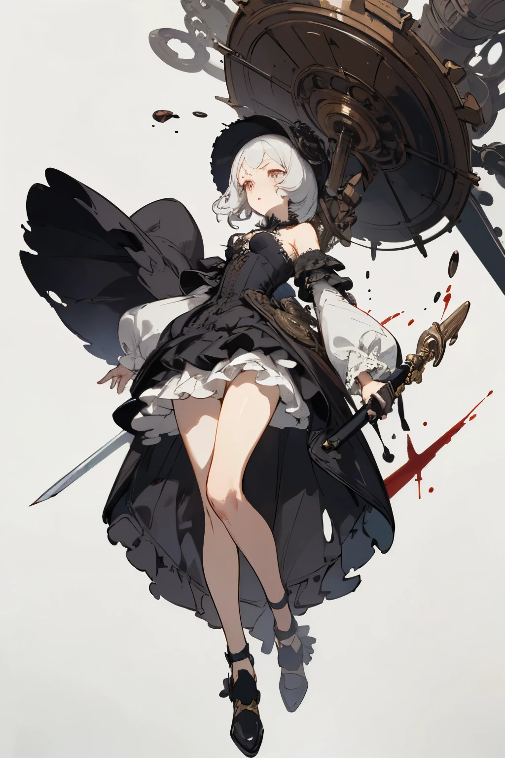 ((best quality)), ((masterpiece)), (detailed), perfect face ((best quality)), ((masterpiece)), (detailed), blank white background, plain background, white background, Bloodborne inspired,  occult aesthetic, occult, detailed and intricate steampunk and detailed gothic, (zentangle, mandala, tangle, entangle),  NSFW, torn clothing, Very dramatic and cinematic lighting, cosmic horror, grim-dark, side-lighting, perfect face, a beautiful goddess adorned and enshrined in armour, Bloodborne inspired , occult aesthetic , occult , detailed and intricate steampunk and detailed gothic , wielding a sword and holding a shield, NSFW, Fluttering lace flared short dress with frilly petticoats, knee length dress, pleated petticoats, lolita dress, petticoats gothic lolita, side-lighting, gothic lolita aesthetic, beautiful small breasts, small breasts, full body, whole body, body, plain background, white background, blank background, no background, white background NSFW, full body, whole body, head-to-toe