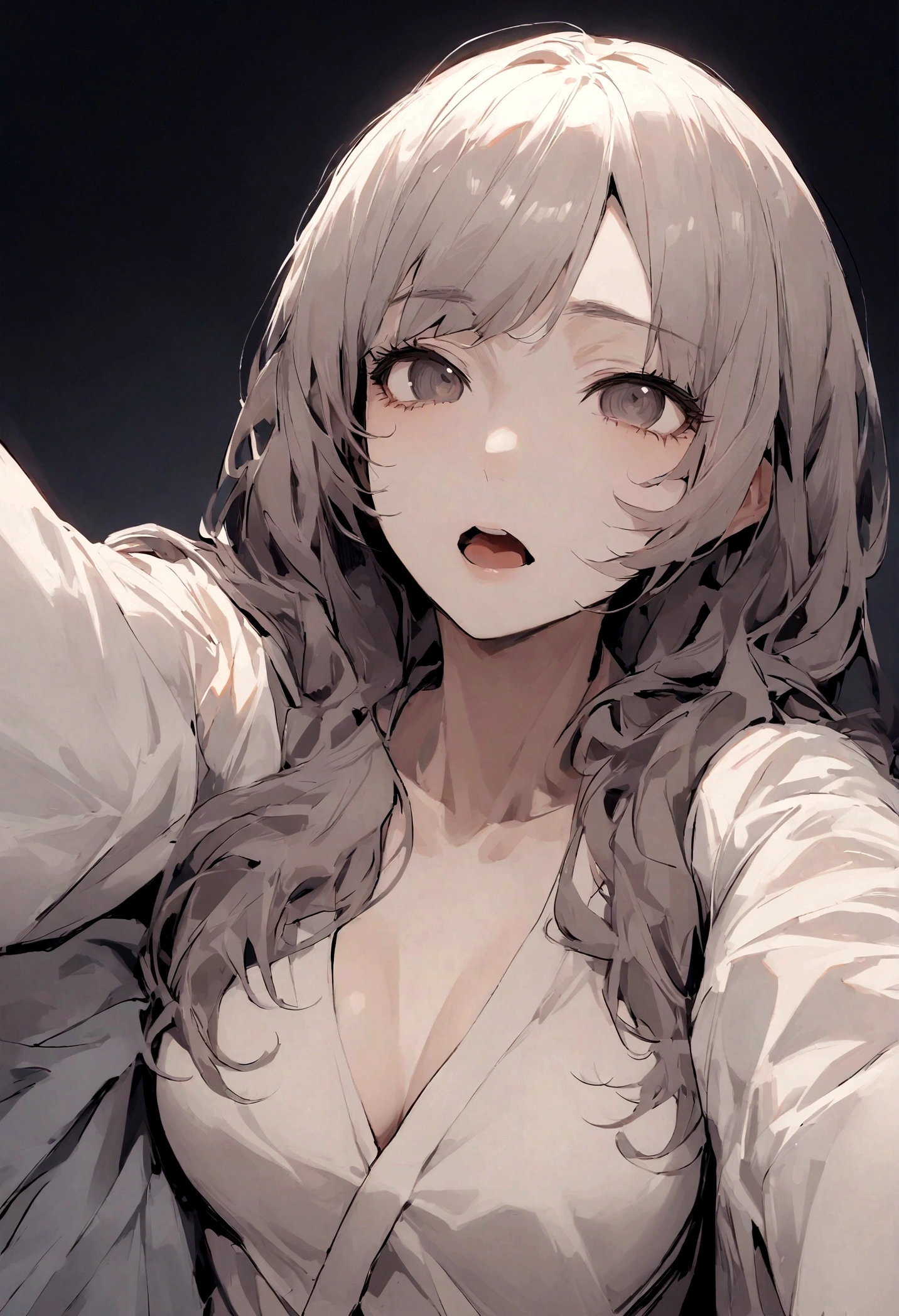 Generate a full-body image of a 50-year-old Japanese woman. She is very slim with no bust. Her hair is short. She is lying in bed at night, taking a selfie with her mouth open, showing a serious