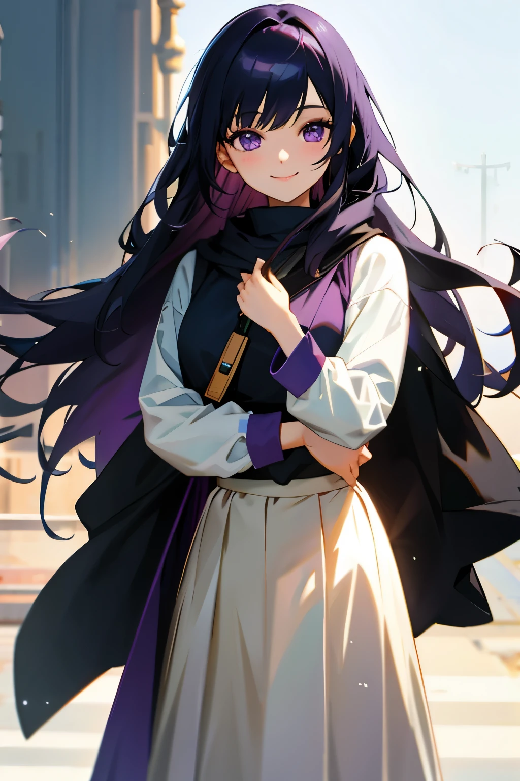 (masterpiece), ((sfw)), best quality, expressive eyes, perfect face, , (1girl,,  adult, beautiful,), solo, black long hair, purple eyes BREAK (fair skin,), cowboy shot, smile, winter wear BREAK, long skirt BREAK, standing BREAK, soft smile, :), in love, beautiful face, in love face, in love smile.