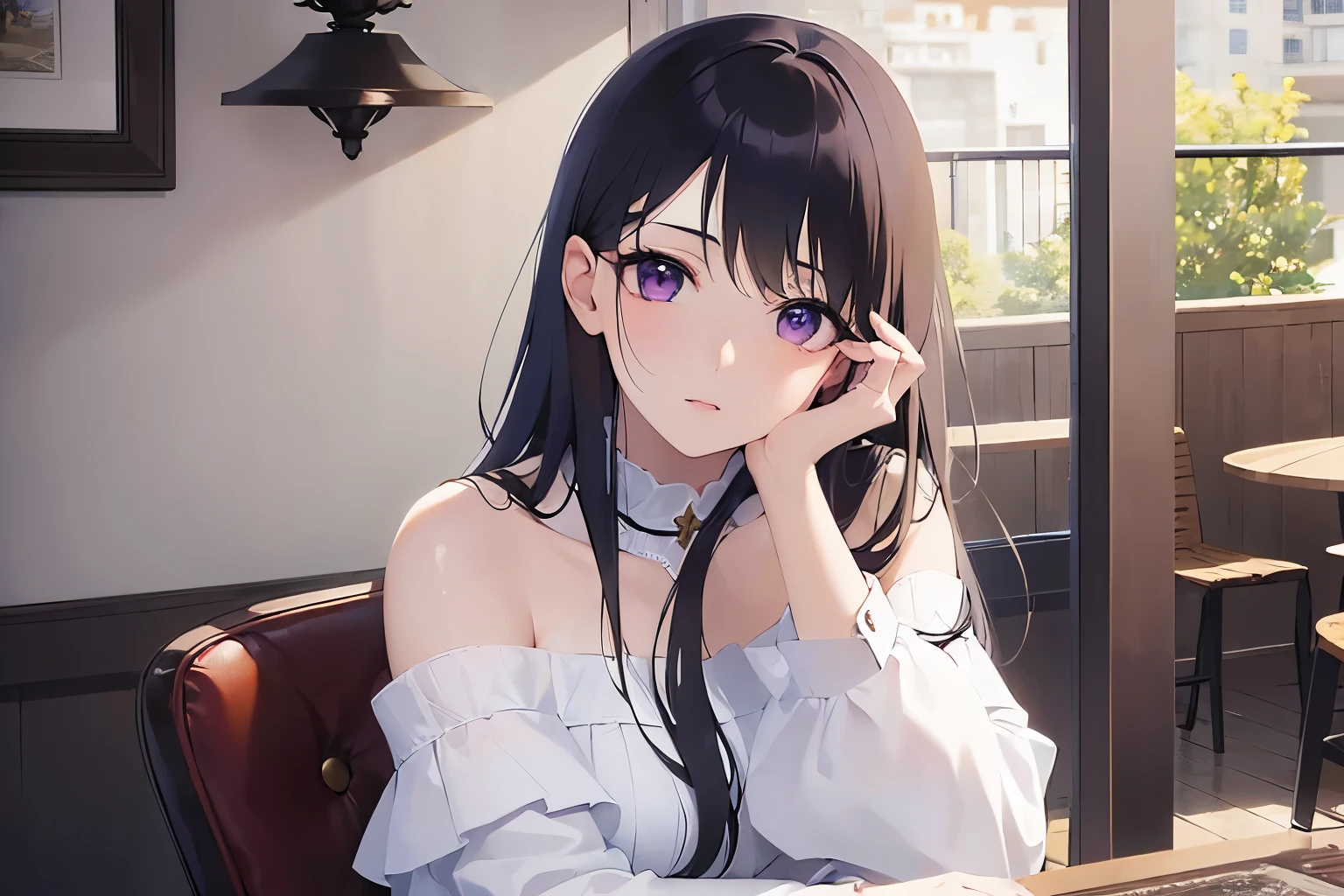 highest quality,masterpiece,BREAK(white off shoulder long blouse:1.5)BREAK, Realistic, real person, (pale skin: 1.2), RAW photo, photorealistic, shiny skin, shiny hair,(A 26-year-old woman with straight hair and bangs) and (medium hair) and (black hair) and (purple eyes),(surprised:1.3)and(head tilt),(hand on own chin:1.2)The background is a coffee shop、sitting on a chair,Alone,Side view