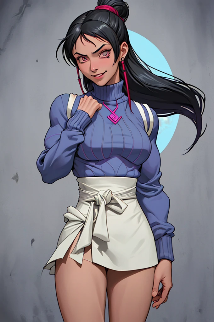 Juri Han,,visto de cima,olhando de cima,olhando para cima,melhor qualidade,roupa azul,chun-li,Sozinho, Obra de arte, melhor qualidade, agrias, gray sweater, collant preto, standing, olhando para o espectador, cabelo curto,os olhos,evil smile, olhar maligno,luvas preta,roupa azul,yandere rosto,poor lighting,coxa sarada copo detalhado,olhando para frente Juri Han,bela,mao detalhada
