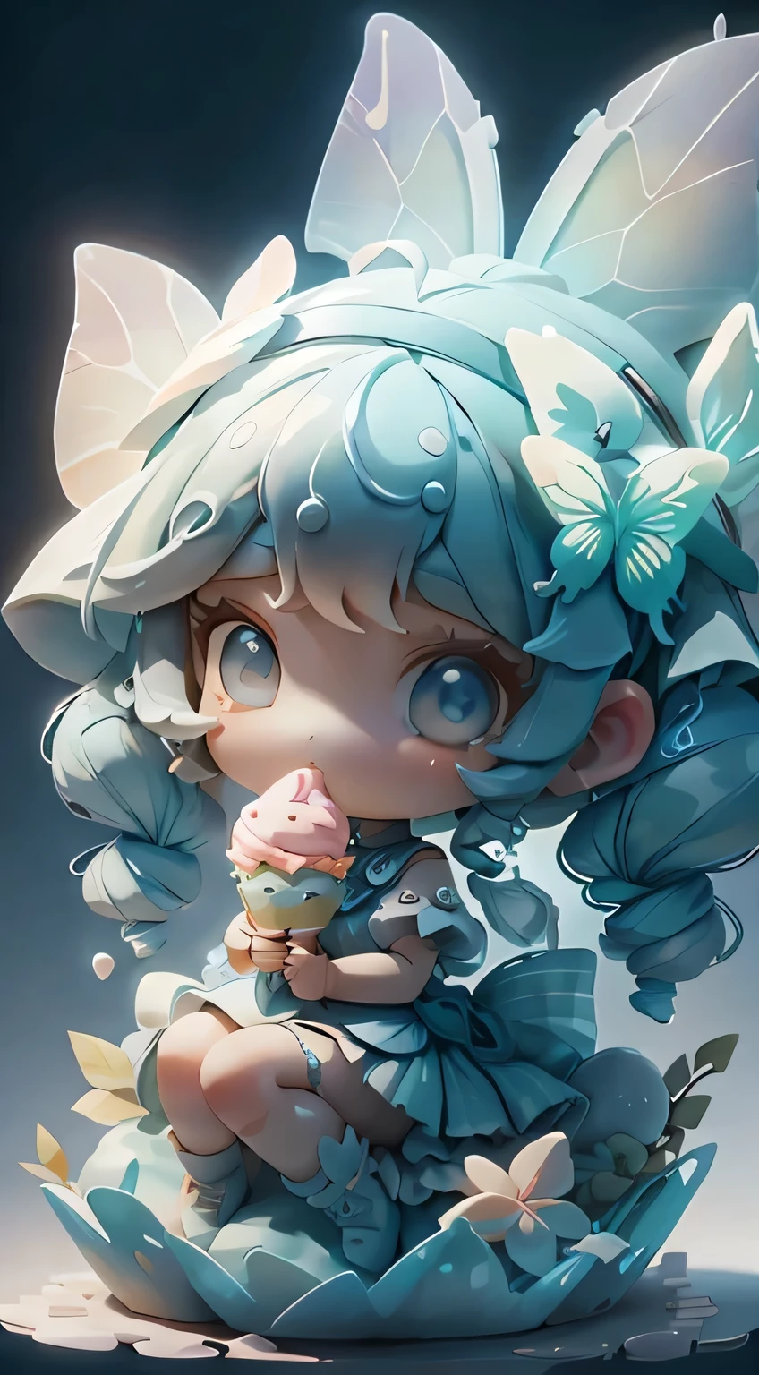 plastic, One girl, Chibi, Blue Hair,Ice cream in hand,On her head is a large butterfly headband,Luxury Fabric, Dither, Ice cream texture,Profound, View your viewers, Striped Background