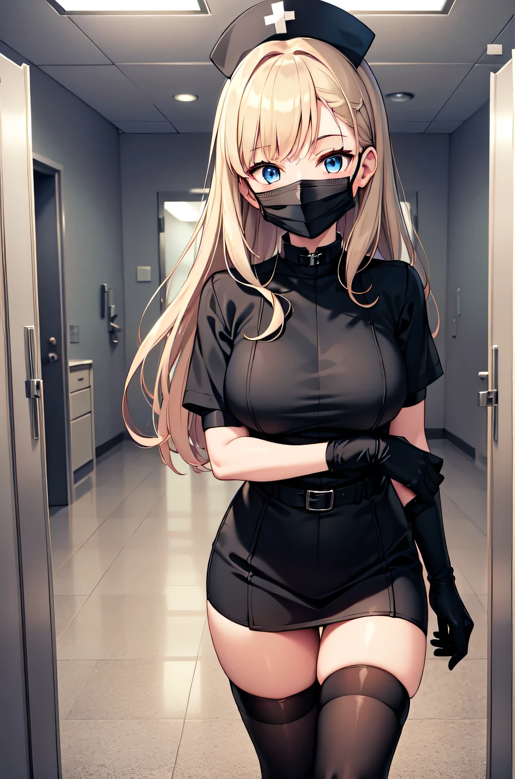 black nurse, 1woman, solo, black nurse cap, black nurse uniform, ((black legwear, zettai ryouiki)), black elbow gloves, blonde hair, blue eyes, ((black surgical mask, covered nose)), standing, ((surgery room)), sharp outline, short sleeves, mature female, 35 years old, best quality, masterpiece