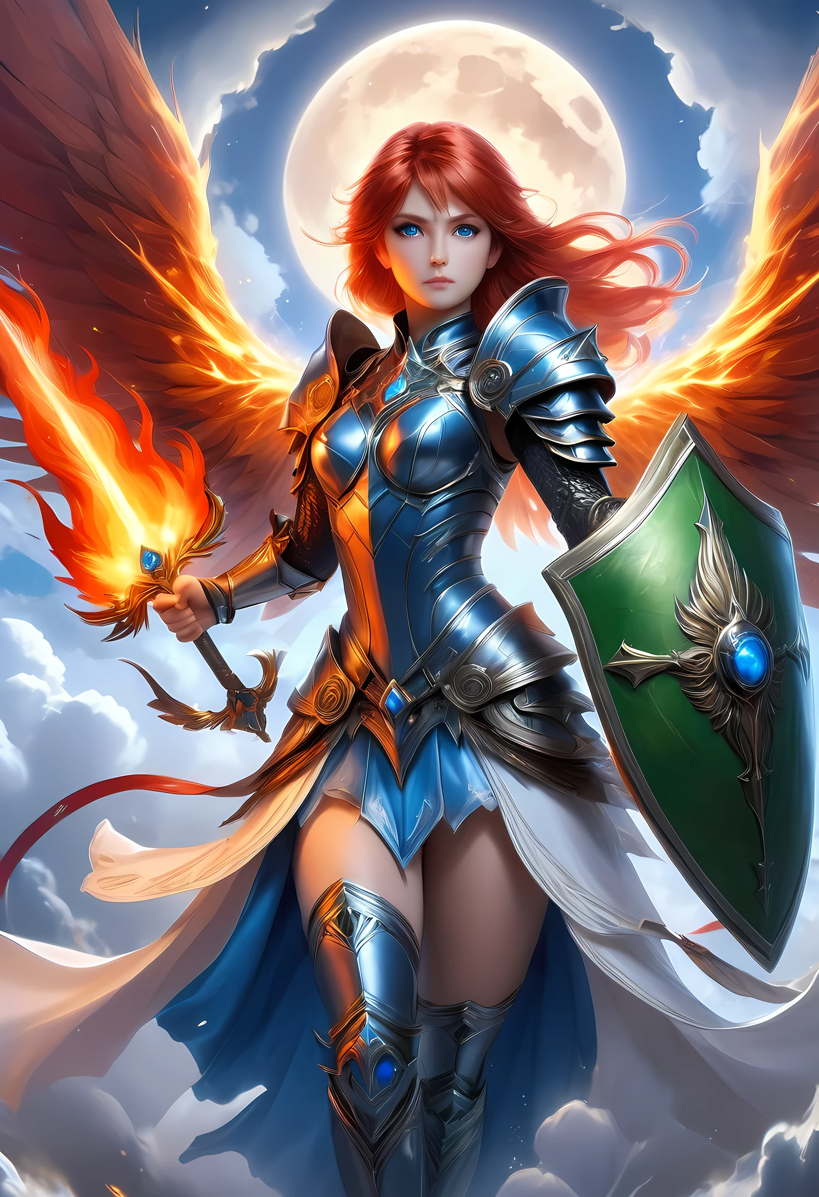 16k, ultra detailed, masterpiece, best quality, (extremely detailed), arafed, dnd art, panoramic view, full body, aasimar, female, (Masterpiece, intense details:1.3), female, divine warrior, holding ((flaming blade: 1.5)) (Masterpiece, intense details:1.3) large feathered wings,(white: 1.3) angelic wings spread (Masterpiece, intense details:1.3), fantasy magical heaven background (Masterpiece, intense details:1.3), moon, stars, clouds, wearing (azure armor: 1.3) (Masterpiece, intense details:1.3), elegant high heeled boots (Masterpiece, intense details:1.3), armed with sword, (red hair: 1.4), (green eyes: 1.4), intense eyes, ultra feminine, ultra detailed face, (Masterpiece, intense details:1.5), (anatomically correct: 1.5), determined face, divine light, cinematic lighting, soft light, silhouette, photorealism, panoramic view ((Masterpiece, intense details:1.3)) , Wide-Angle, Ultra-Wide Angle, 16k, highres, best quality, faize, 2.5D rendering, phoenix dress, Sword and shield, Dark Art Painting Style
