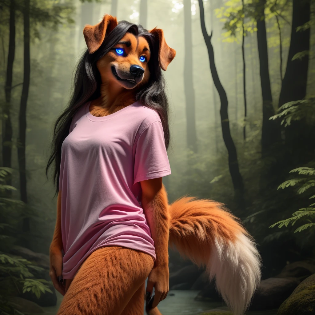 Sexy Posing, Female, 30 years old, cute, eyeliner, long hair, biting lip smile, pink shirt, bedroom eyes, anthro, dog ears, (orange fur:1.5), baggy shirt, dog black Labrador, forest background, 8k, hi res, (best quality, masterpiece), blue glowing eyes, (dog tail:1.5), detailed fur