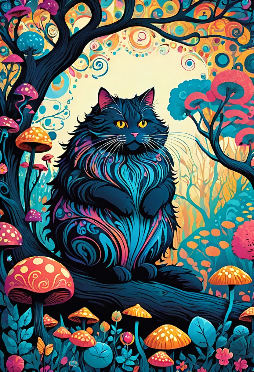 Create an illustration for the fairy tale Alice in Wonderland. Image of a large fluffy fat cat of a dark color on a tree. Add a little psychedelic style