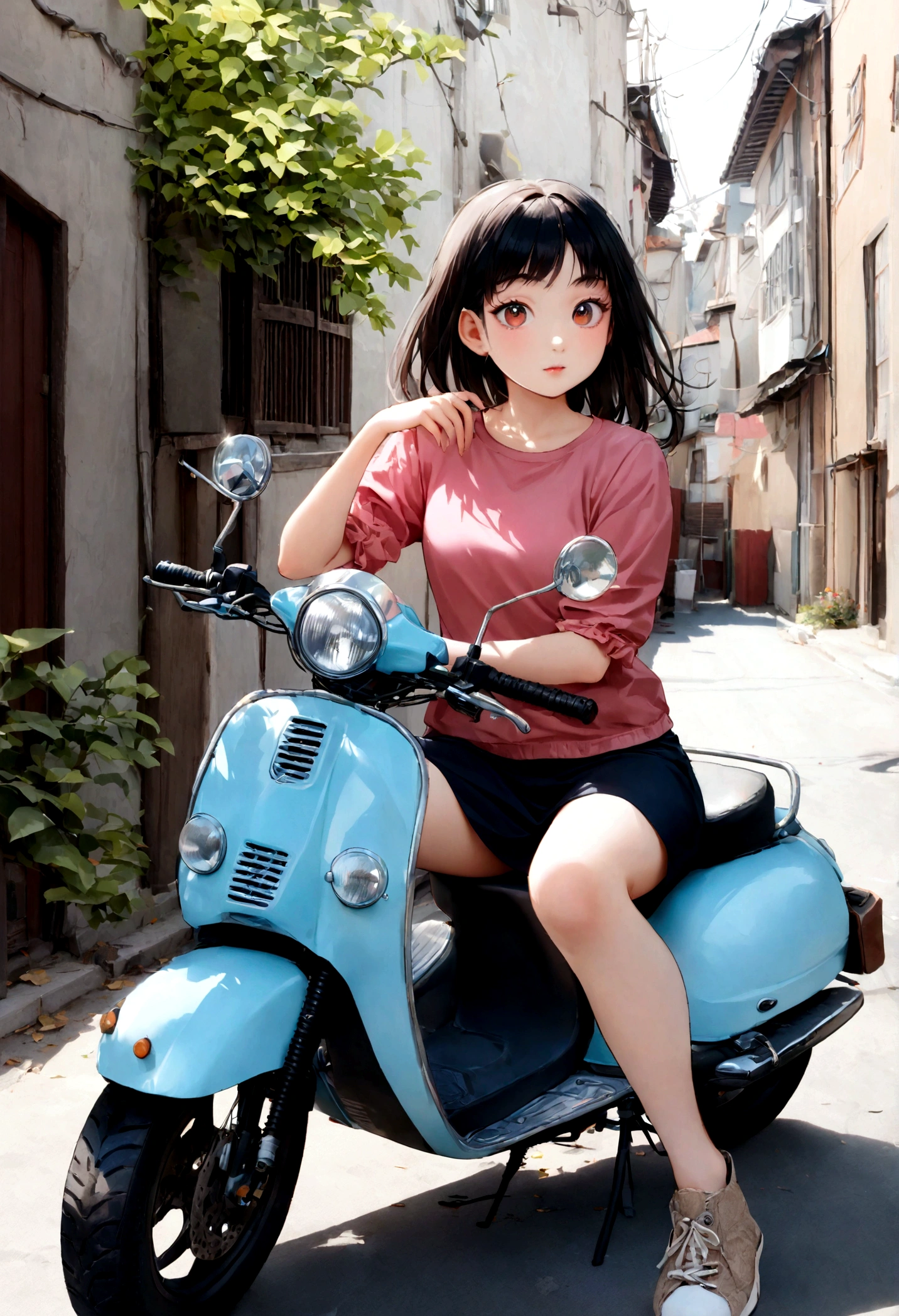 (Daisaku),(Need),(Super meticulous),(full bodyesbian:1.2), 1girl, arafed woman sitting on a scooter on the side of the road, tsubasa nakai's style, sitting on a motorcycle, photoshoot, 🚿🗝📝, moped, chiho, yasumoto oka, handsome girl, casual pose, sakimichan, riding a motorcycle, motorcycle, japanese model, kimi takemura, beautiful image,(beautiful  detailed face),(Beautiful and delicate eyes),