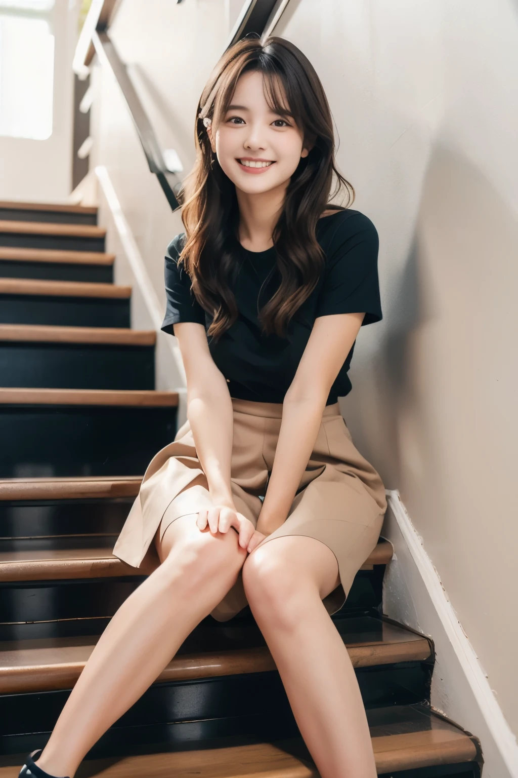 Ulzzang-6500-v1.1, (RAW Photos:1.2), (Realistic), (Genuine:1.4), １girl、Perfect Anatomy、Sit on the stairs、Hands behind your back、Full body photo、Looking into the camera、pumps、Knee-length skirt、Black Hair、smile、Short sleeve blouse、