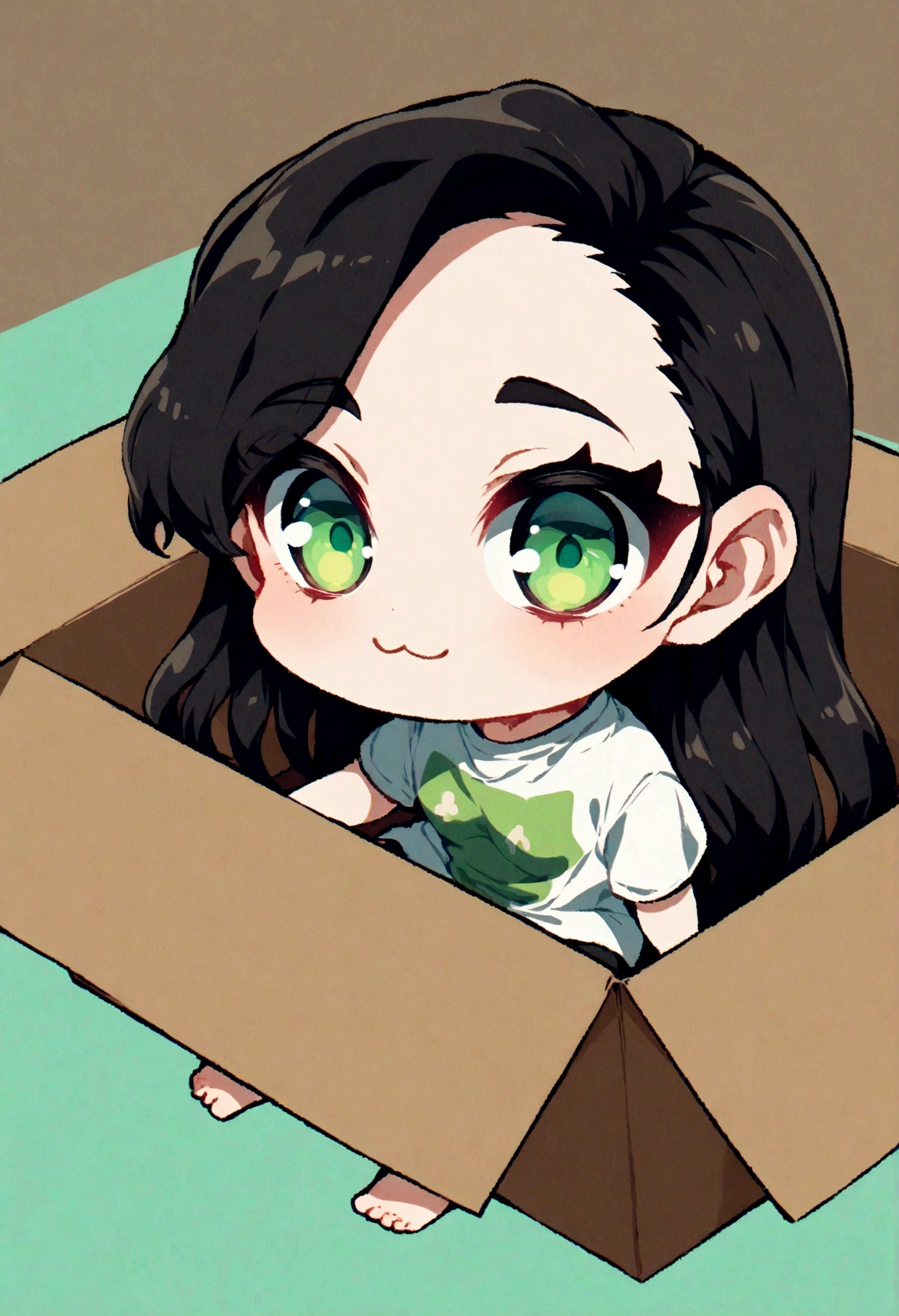 best quality, masterpiece, uncensored, by 40hara, source_anime demon slayer nezuko, solo, solo, text on shirt, sitting, topwear, looking at viewer, shirt, teal eyes, barefoot, inside the box, cardboard box, inner ear fluff, clothed, green eyes, :3, chibi