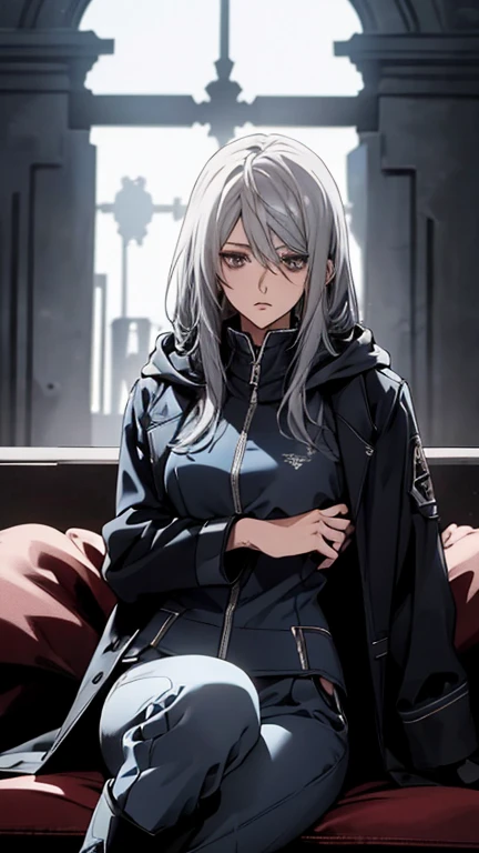 (Confused, High resolution, Very detailed), 1 female, Silver Hair,Long Hair,Blue pilot suit,black hooded coat,pants,boots,24th generation,beauty,mature,thin,quiet,Calm,tired,Sitting cross-legged,sofa