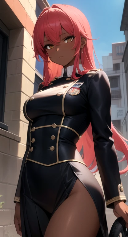 (masterpiece, High resolution, best quality:1.3), 8K, Very detailed, Wheels within wheels, rich and colorful, vibrant images, Clear focus, Digital Mixing, 4k, Trending is pixiv Ingrid, ((Uniforms)), Solitary, Become a, 40 years old, , curved, (dark skinned female:1.15), dark skin, Strike a pose, it's clear, Blue sky, Skyscraper, (Proud look:1.2), looking at the audience, Cowboy shooting, Pink Hair, Very long hair, forehead, Hair intake, Purple lipstick, cosmetic, Mole under mouth, Yellow eyes, Perfect eyes, Perfect face, Extremely fine hair, Super detailed face, earrings, Extremely delicate lips, Large Breasts((Large Breasts)))Breast sagging、Low-cut(((Cleavage )))、(((Wide hips,)))(((Hourglass figure)))((Long legs)), Extremely delicate lipstick