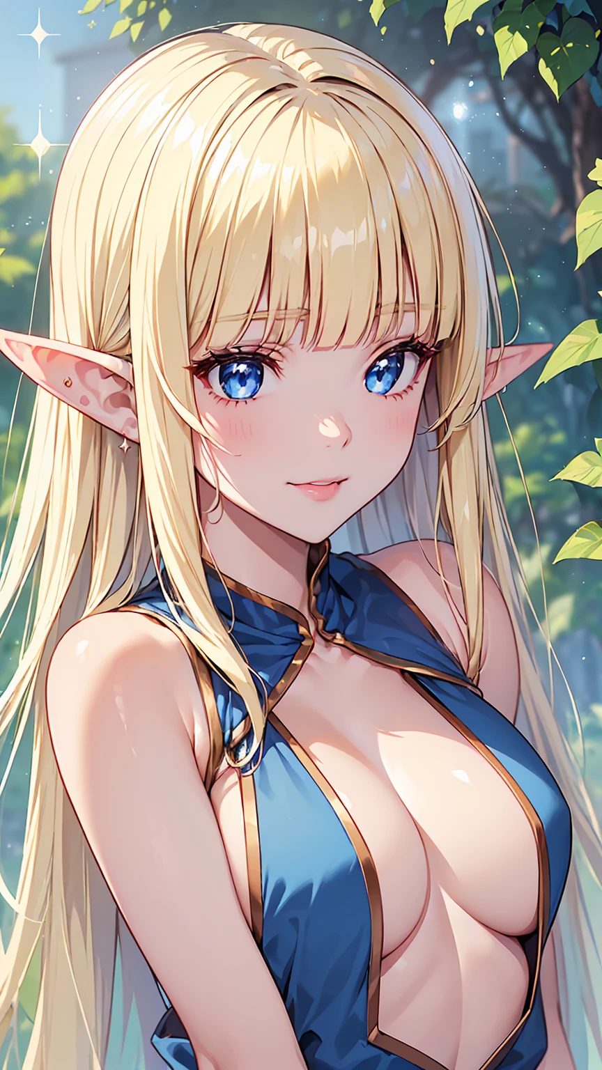 16k、masterpiece、High resolution、High resolution、((Young Elven Woman))、((Beautiful white skin))、((Beautiful blonde))、((Sparkling blue eyes))、((Pointy Ears))、Smiling Kindly、blush、Pink lip gloss、Shiny skin、Sleeveless tops、Clear blue sky、look at me、((Upper body close-up))