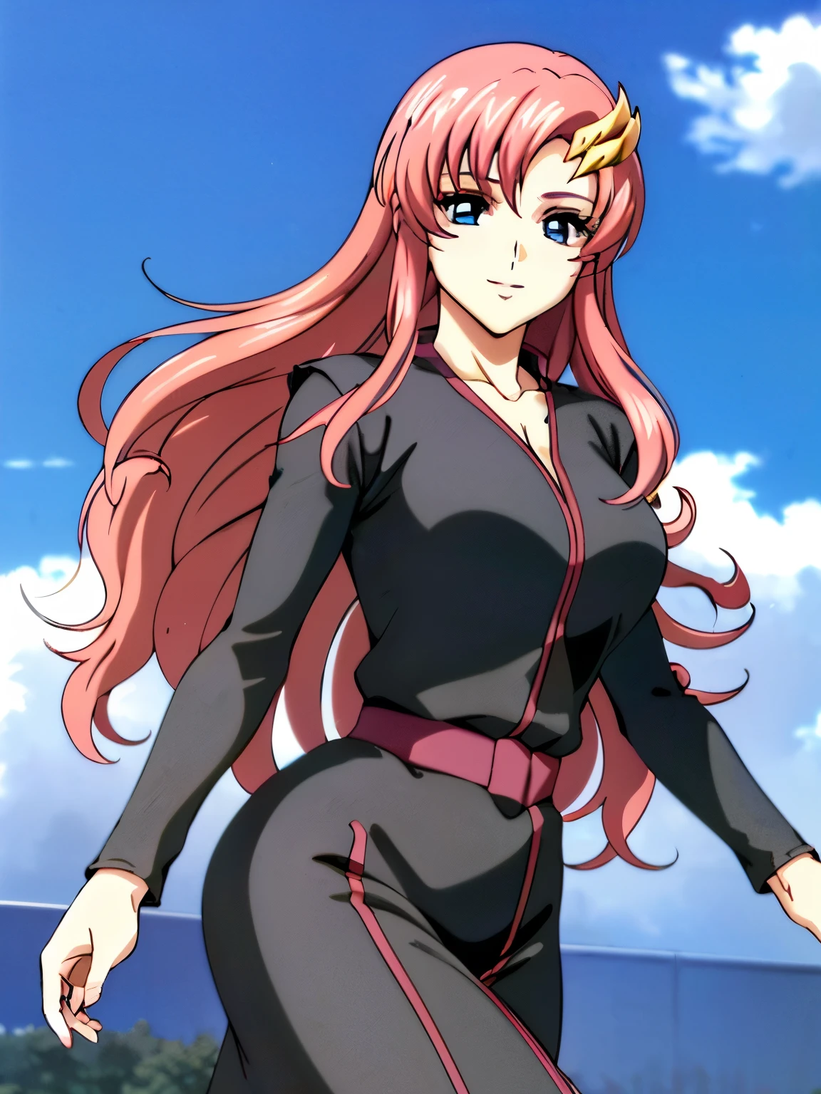 lacus4, (thin girl, masterpiece, cowboy shot, 4K, Best Quality, Anime style: 1.9, happy, tall woman, Adult Woman, (Crowd, cloud background), Drawing lines, high resolution, lacus4), 1girl, Solo, curvy figure, clavicle, scapular, (slim arms), large hands, (Detailed wide hair bangs, Hair Ornament, Detailed reddish-pink hair, shiny streaks, slim arms, detailed golden crest, long hair). (Big blue eyes, shiny eyes), ((female wrestler, (slim body), slim arms, closed fists)), ((perfect proportions)), ((black long abaya, black long abaya)), smile with a wink, (standing, hot colors), detailed fingers, 