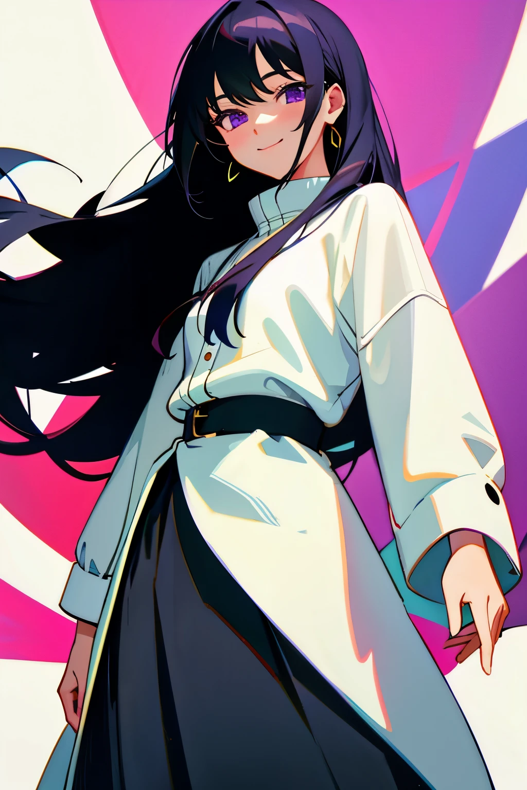 (masterpiece), ((sfw)), best quality, expressive eyes, perfect face, , (1girl,, young adult, beautiful,), solo, black long hair, purple eyes BREAK (fair skin,), cowboy shot, smile, winter wear BREAK, long skirt BREAK, standing BREAK, soft smile, :), in love, beautiful face, in love face, in love smile.