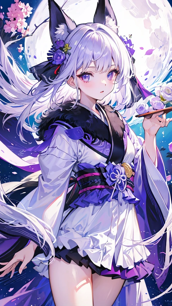 masterpiece, highest quality, highest quality, High resolution Silver Hair Fox ears beautiful girl Purple Eyes kimono Upper Body full moon
