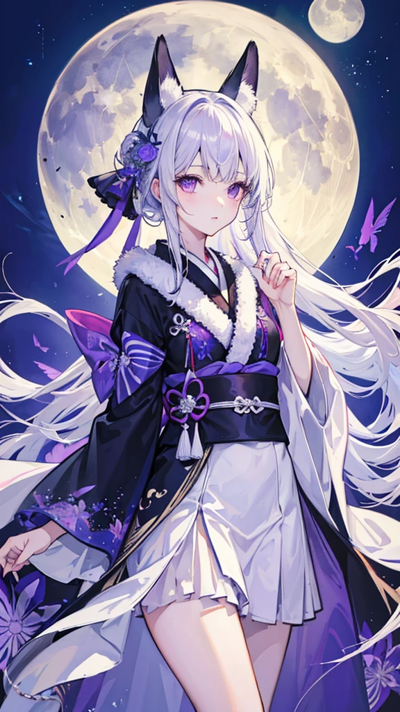 masterpiece, highest quality, highest quality, High resolution　Silver Hair　Fox ears　beautiful girl　Purple Eyes　kimono　Upper Body　full moon