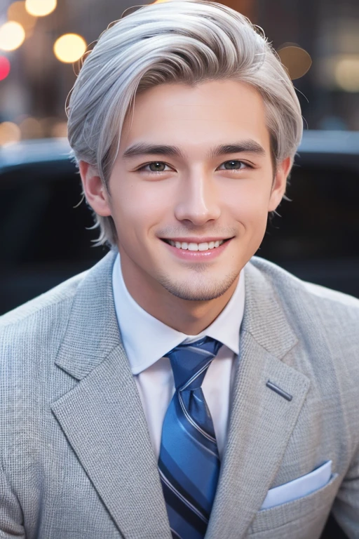 High-quality photos、25 year old handsome American man、Businessman、Silver Hair、smile、Center Part