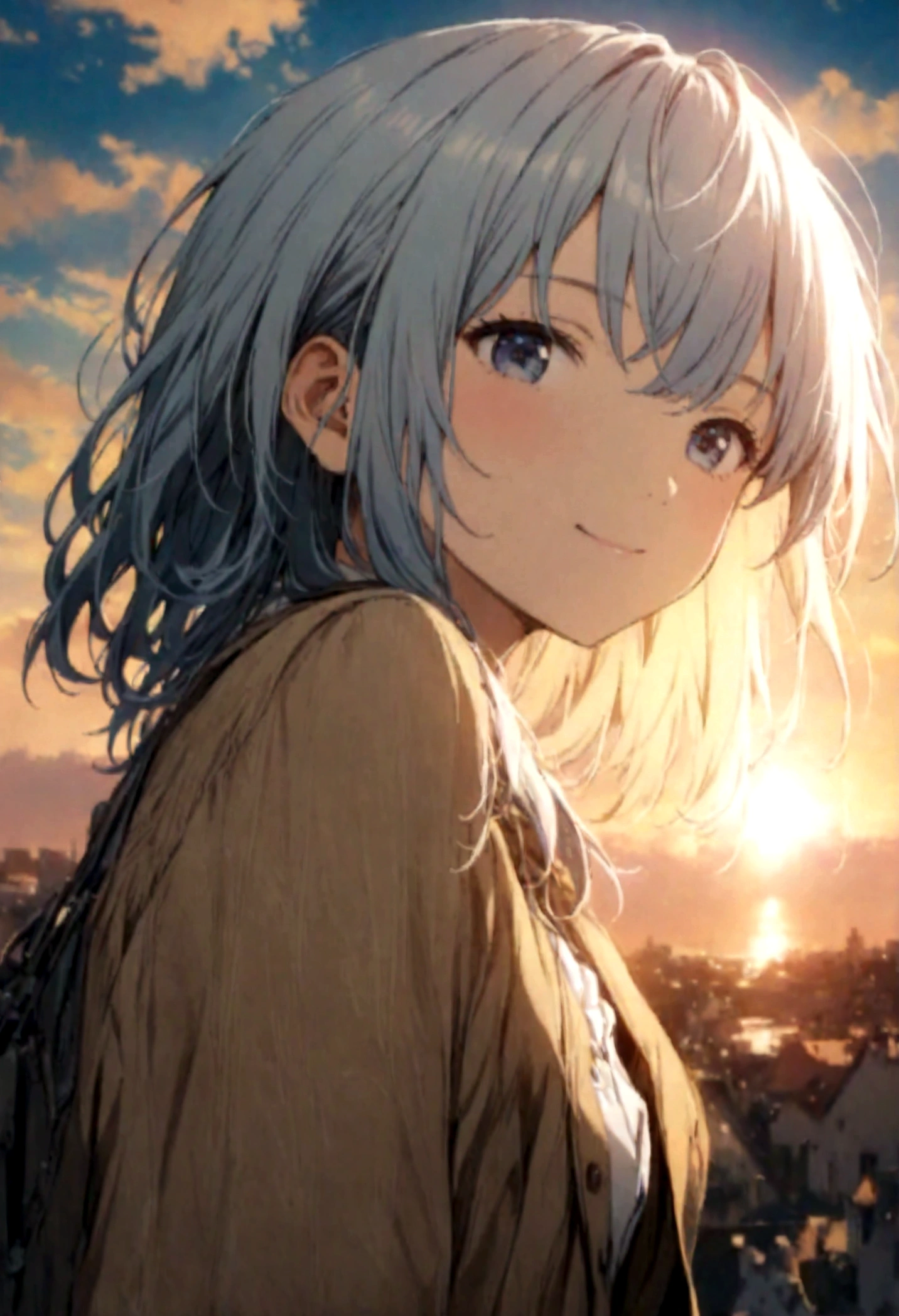 masterpiece, highest quality, Movie stills, One girl, Cloud Girl, Floating in the sky, close, bright, Happy, Warm and soft lighting, sunset, (spark:0.7)