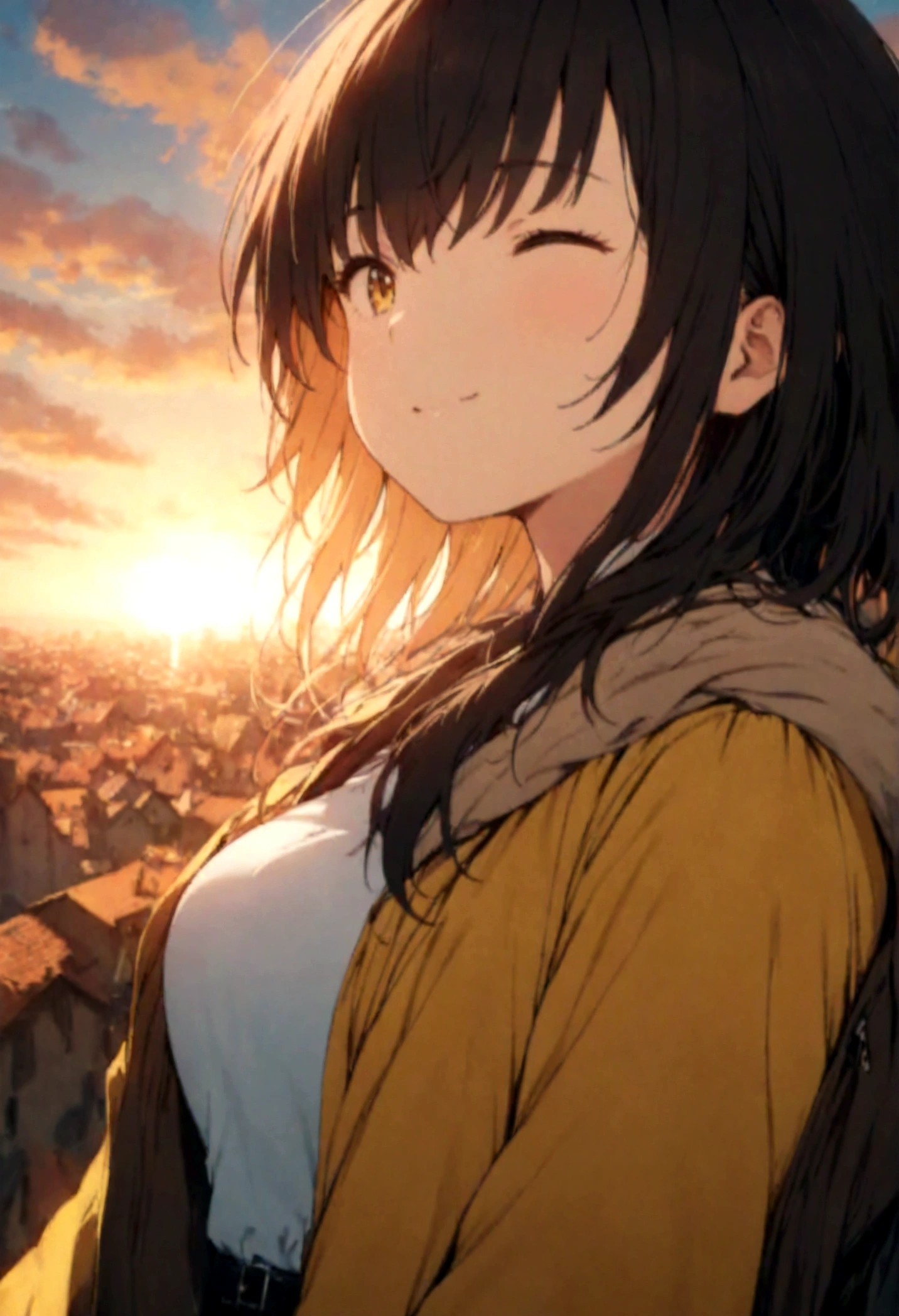 masterpiece, highest quality, Movie stills, One girl, Cloud Girl, Floating in the sky, close, bright, Happy, Warm and soft lighting, sunset, (spark:0.7)