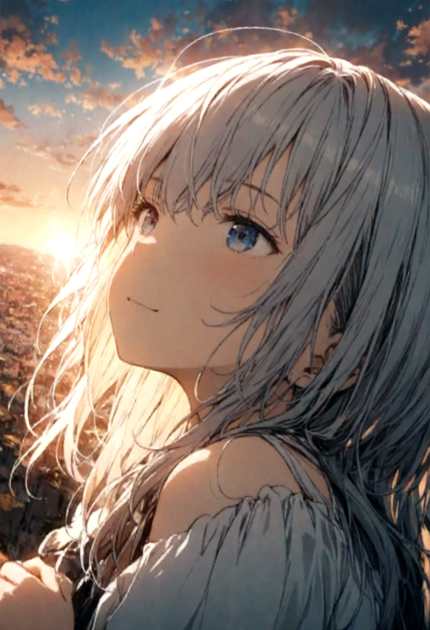 masterpiece, highest quality, Movie stills, One girl, Cloud Girl, Floating in the sky, close, bright, Happy, Warm and soft lighting, sunset, (spark:0.7)