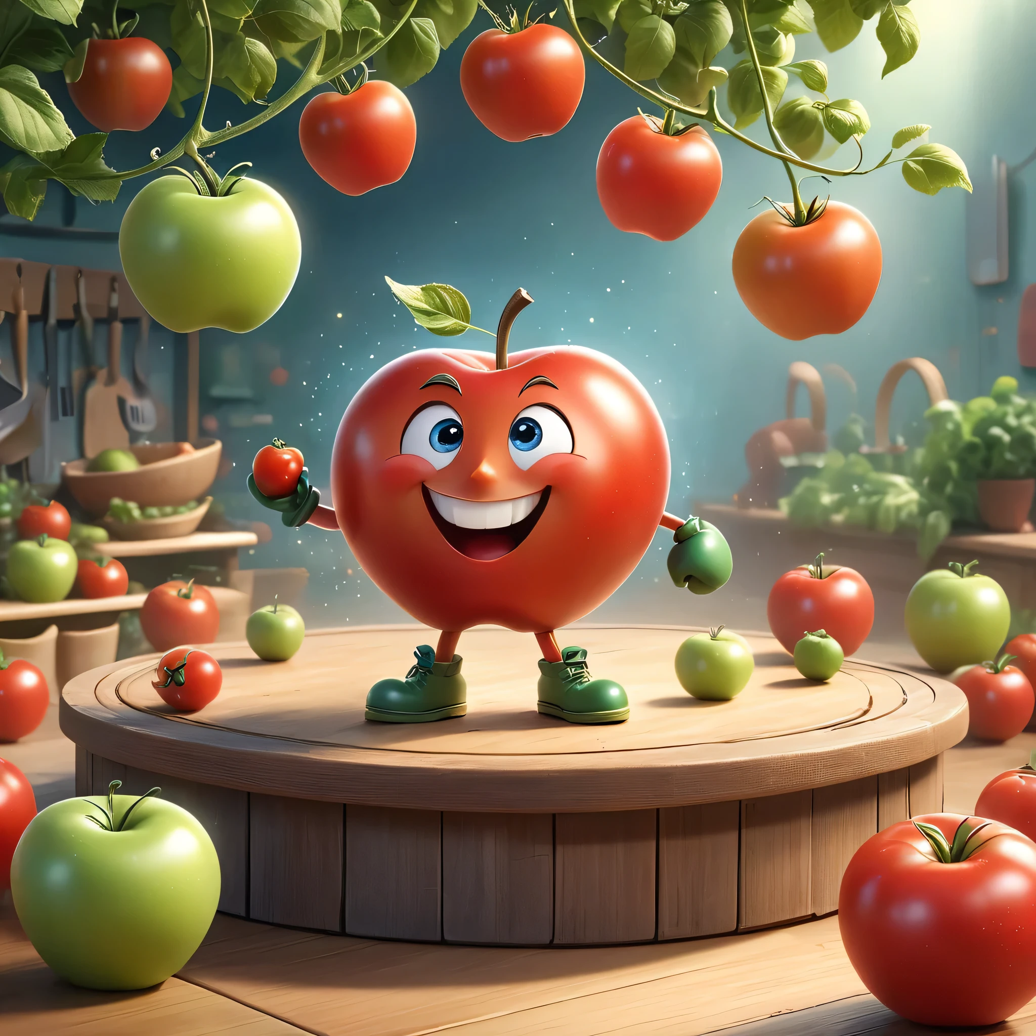 Imagine a whimsical scene where a charming apple and a plump tomato stand in a boxing ring, poised for a friendly bout. The apple, sporting miniature gloves and a determined smile, the tomato, which wears its own set of gloves, its stem resembling a jaunty little hat. The ring is set in a kitchen-like arena, with utensils hanging on the walls and an audience of various fruits and vegetables cheering with childlike enthusiasm. The colors are vibrant and cartoonish, with exaggerated expressions and movements that capture the innocence of childhood and the spirit of camaraderie. The entire composition is lively and animated, as if the apple and tomato are not just food items, but beloved characters in their own right, engaging in a playful spar that symbolizes their unique friendship.