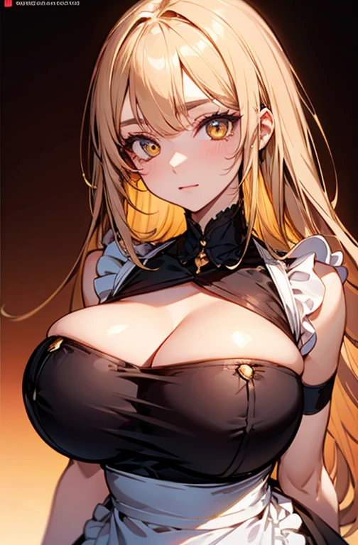 in kicking , high quality, super quality, (detailed face:1.4) ,beautiful woman , golden eyes, long blonde hair ,wearing apron, sharpe eyebrow , beautiful bangs are covering her eyes , (huge breast:1.4)