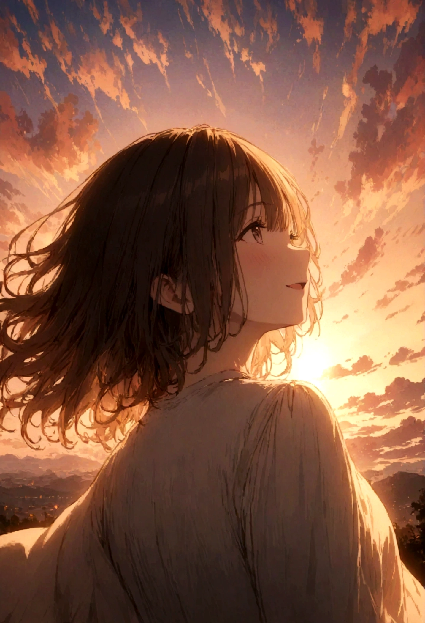 masterpiece, highest quality, Movie stills, One girl, Cloud Girl, Floating in the sky, close, bright, Happy, Warm and soft lighting, sunset, (spark:0.7)