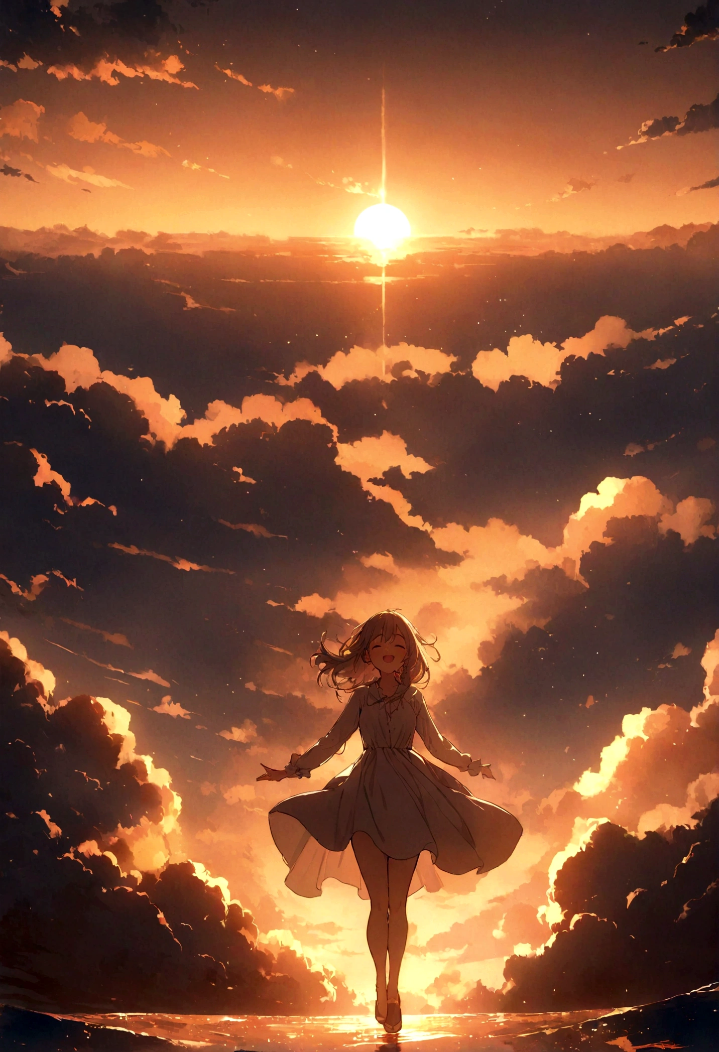 masterpiece, highest quality, Movie stills, One girl, Cloud Girl, Floating in the sky, close, bright, Happy, Warm and soft lighting, sunset, (spark:0.7)