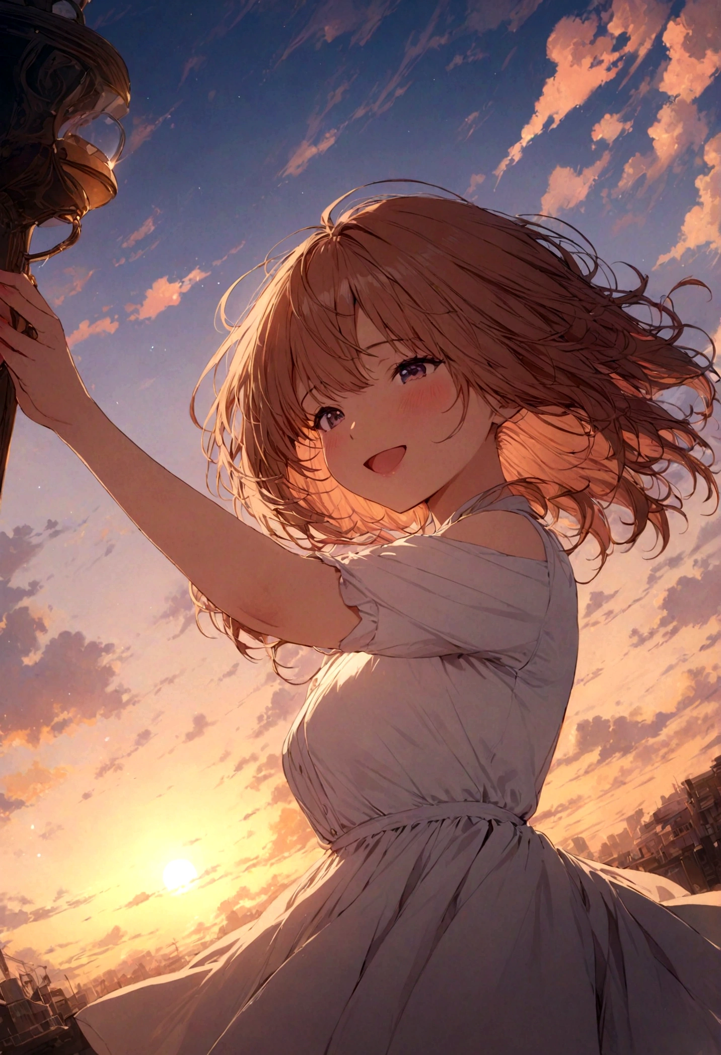 masterpiece, highest quality, Movie stills, One girl, Cloud Girl, Floating in the sky, close, bright, Happy, Warm and soft lighting, sunset, (spark:0.7)