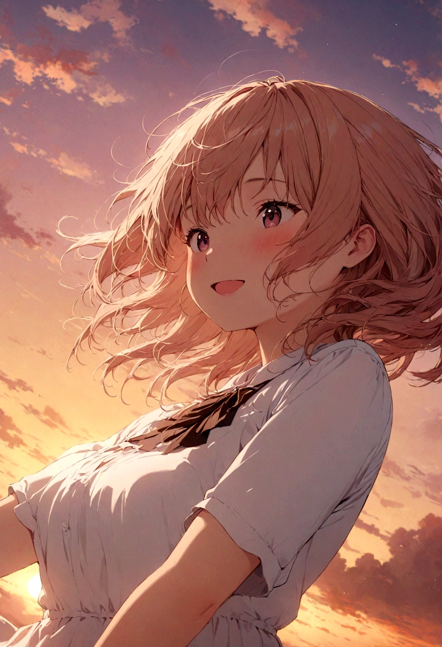 masterpiece, highest quality, Movie stills, One girl, Cloud Girl, Floating in the sky, close, bright, Happy, Warm and soft lighting, sunset, (spark:0.7)