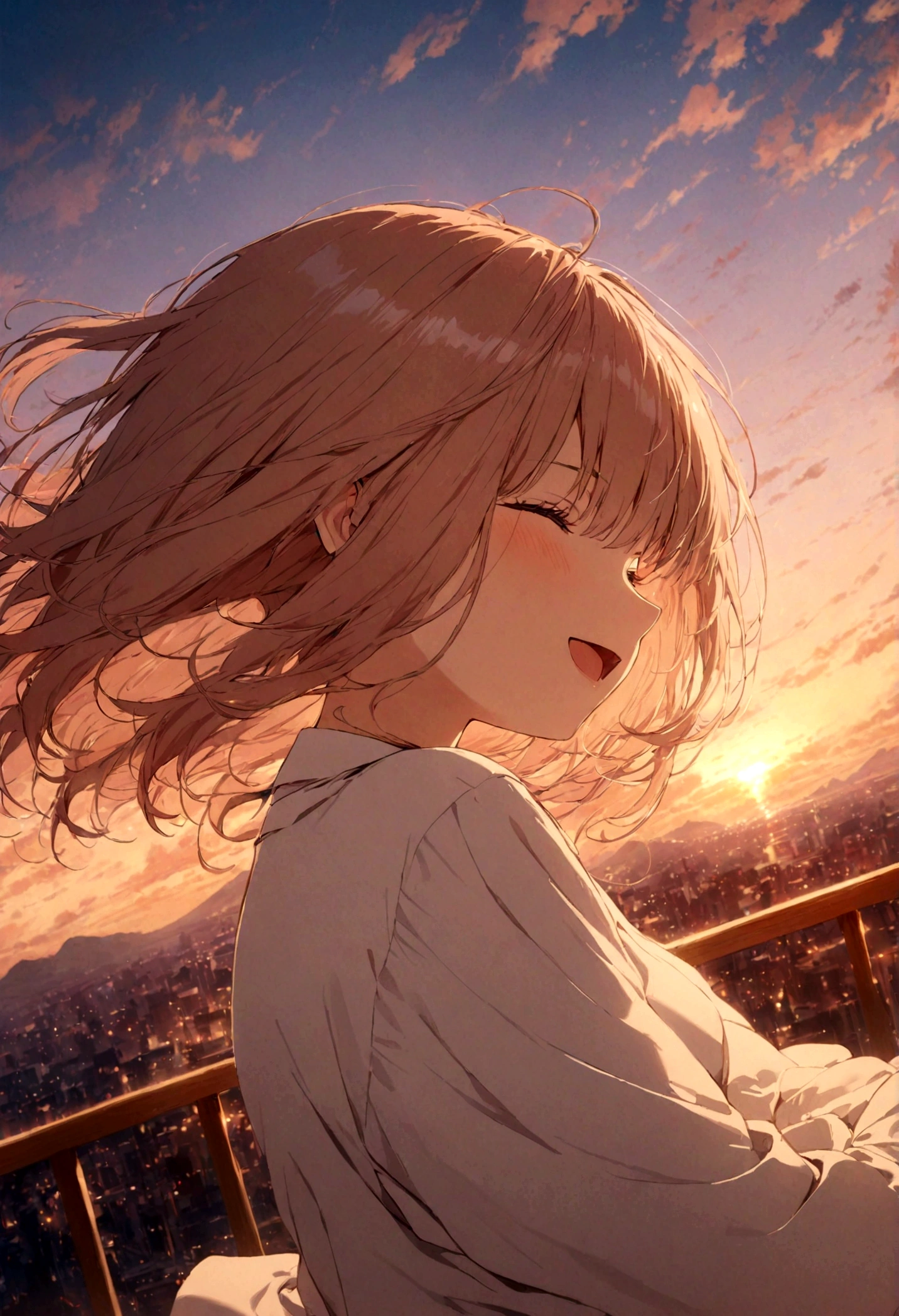 masterpiece, highest quality, Movie stills, One girl, Cloud Girl, Floating in the sky, close, bright, Happy, Warm and soft lighting, sunset, (spark:0.7)