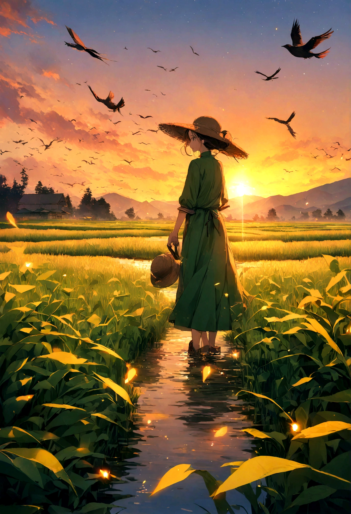 (thrilling, Practical, Vibrant colors, 8K),Rice fields and sunset, golden hour lights, Tall and lush green rice, The reflection of the sky sparkles on the water, The breeze gently sways the plants, The background is a distant mountain, Peaceful atmosphere, Peace and tranquility, The air is a little hazy, Soft and warm sunshine, Farmer wearing traditional hat, Bending over to work in the fields, Beautiful movements, Rustling leaves, A flock of birds flying in the sky, Create a sense of harmony