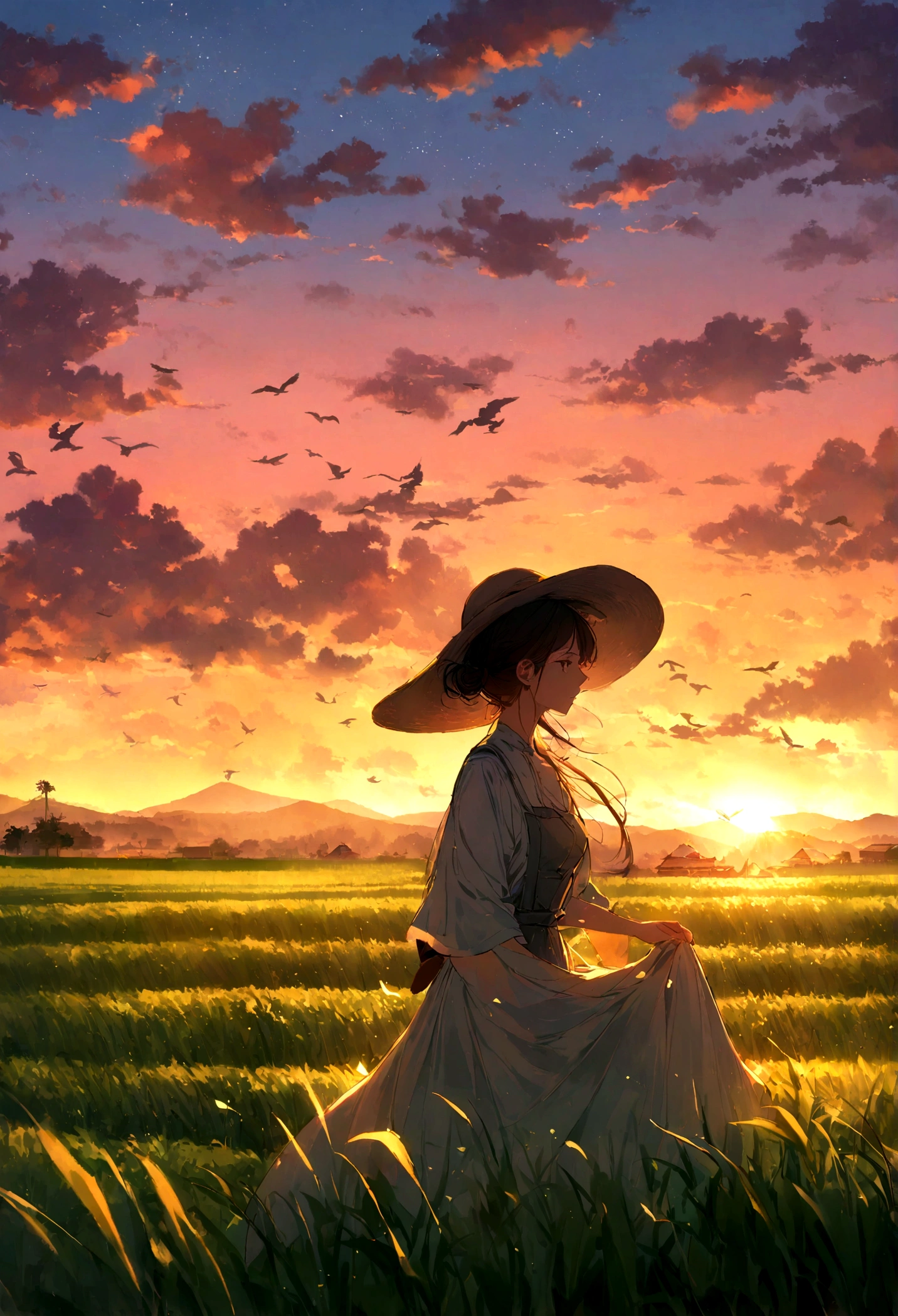 (thrilling, Practical, Vibrant colors, 8K),Rice fields and sunset, golden hour lights, Tall and lush green rice, The reflection of the sky sparkles on the water, The breeze gently sways the plants, The background is a distant mountain, Peaceful atmosphere, Peace and tranquility, The air is a little hazy, Soft and warm sunshine, Farmer wearing traditional hat, Bending over to work in the fields, Beautiful movements, Rustling leaves, A flock of birds flying in the sky, Create a sense of harmony