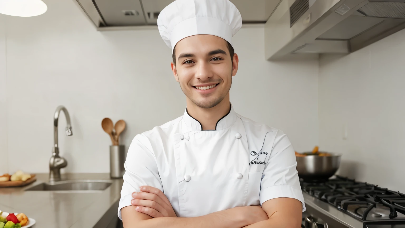 chef, man, cook, arms crossed, smiling, white background, sharp
