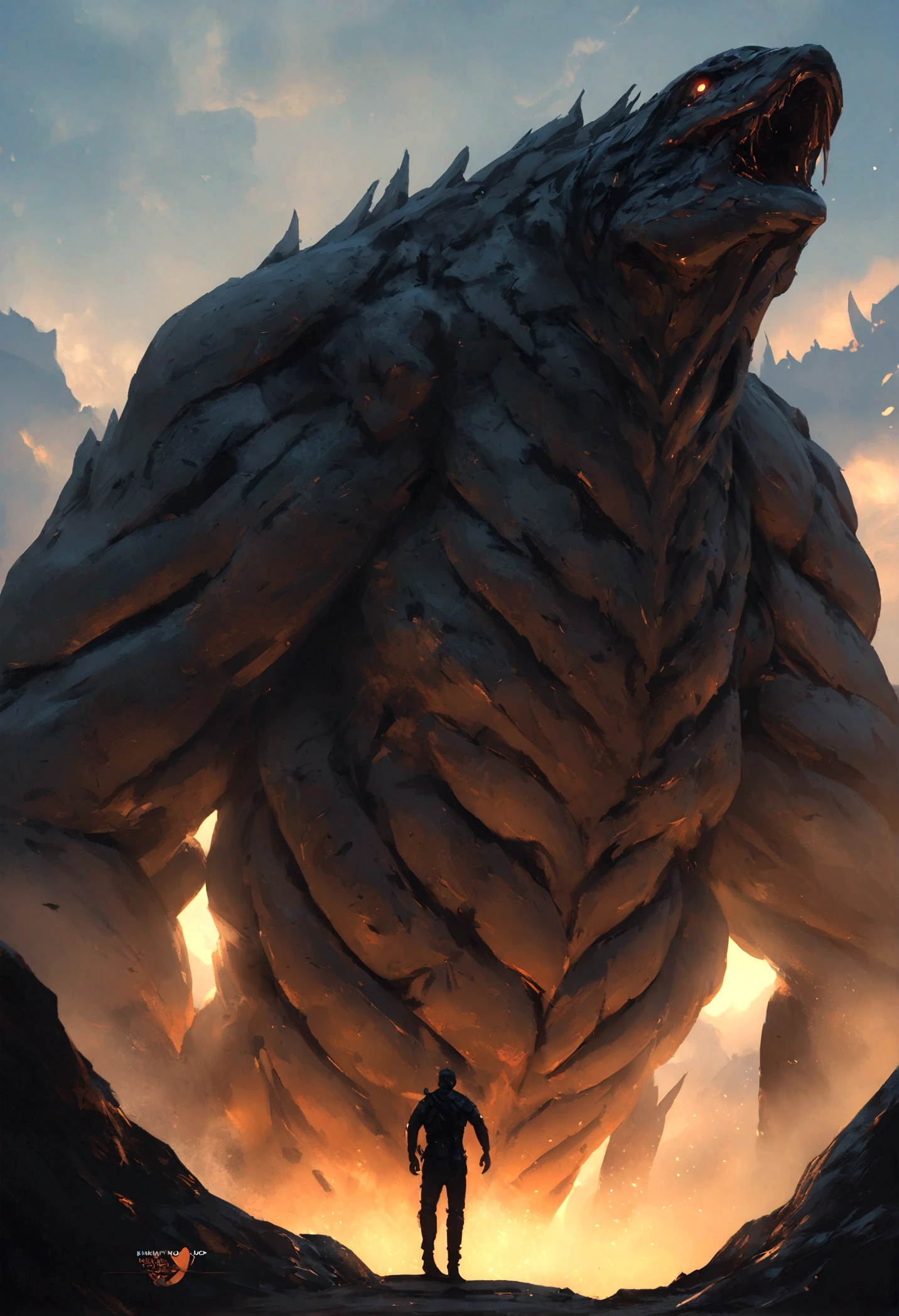 A very detailed painting，Depicts a man on a hill gazing at a giant alien monster, author：Shinkai Makoto, By Art Jem, From wlop, author：Greg Rutkowski, Volumetric Lighting, Octane Rendering, 4K resolution, Popular on artstation, masterpiece