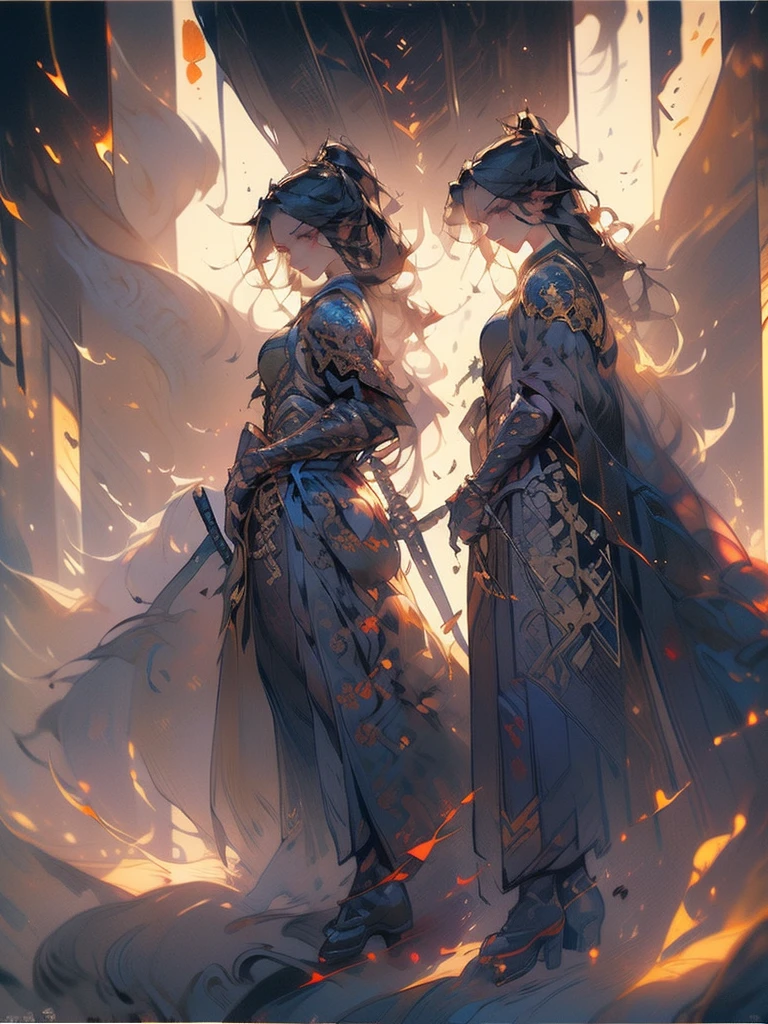 Design a layout showcase Gaming character, (1girl). Black+Gold clothes, opulent and dark, ((showcase weapon:1.4)), cursed blade, (masterpiece:1.2), (best quality), 4k, ultra-detailed, (Step by step design, layout art:1.5), (gloomy lighting, cursed atmosphere), dark knight, ((cursed gloves)), (((revealing armor:1.3))), dark vambraces, cursed boots, (((full_body_shot:1.4)))