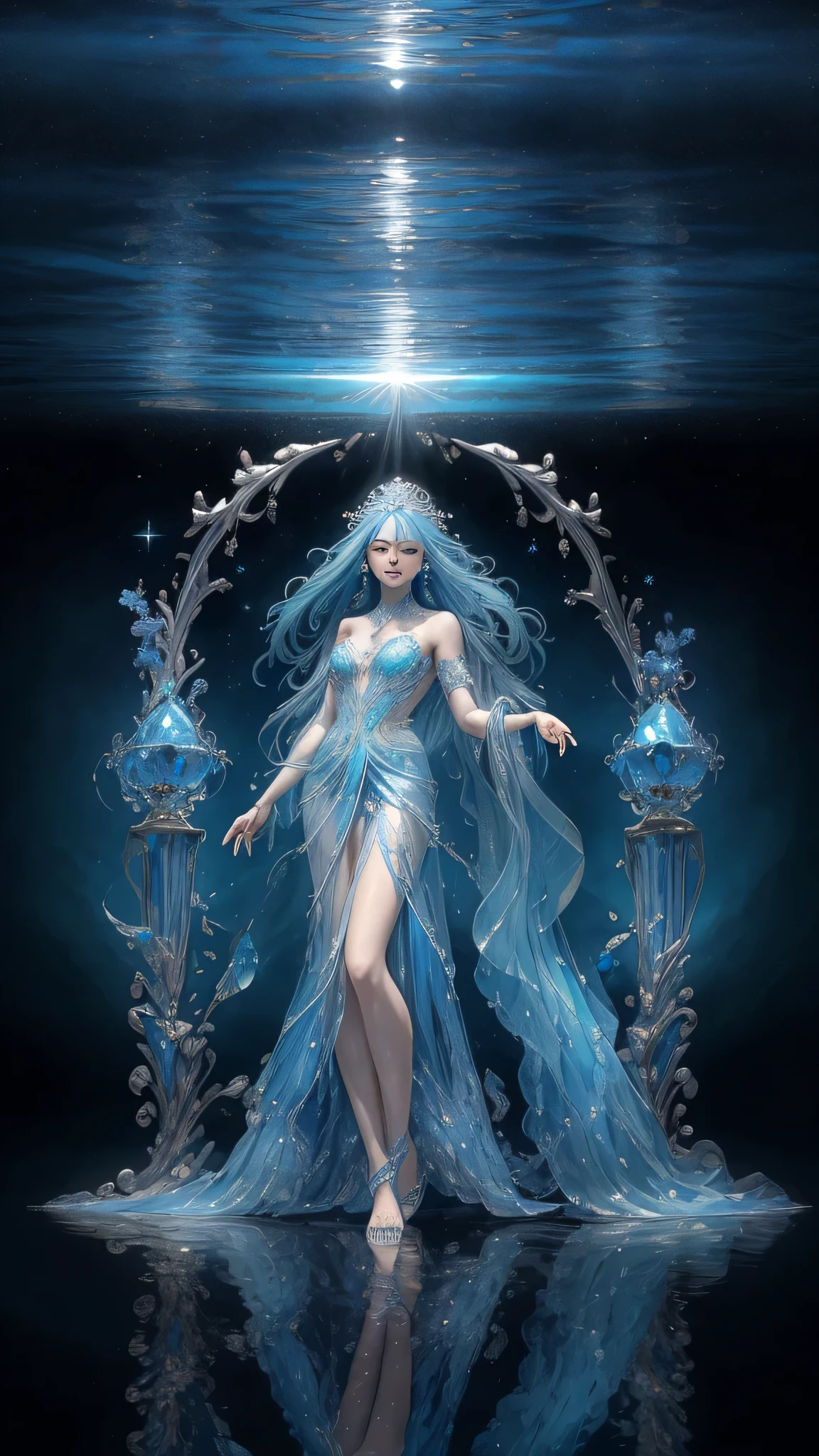 A Stunning Enchantress with Luscious, Radiant Blue Tresses, Gazing Skyward on a Serene Mirrored Water Surface, Meticulously Detailed, Photorealistic, and Stunningly Presented in a Vibrant 8K Resolution, Standing as a Remarkable Masterpiece, Bestowed with a Dazzling Aura and Ultra-Fine Details Enhanced by the Refracted Light of Precious Stones and Gemstones.