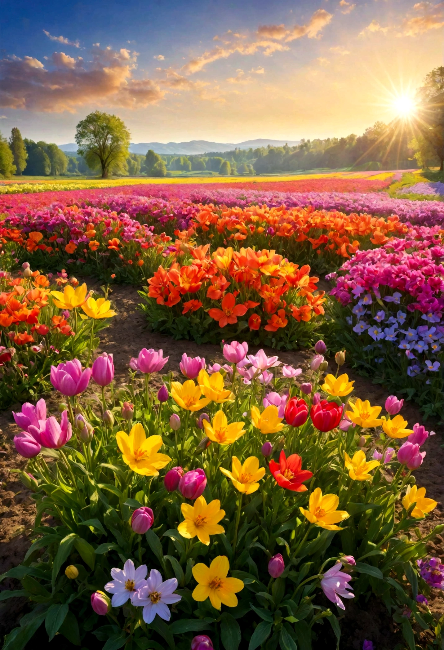 Flower field on a beautiful spring morning