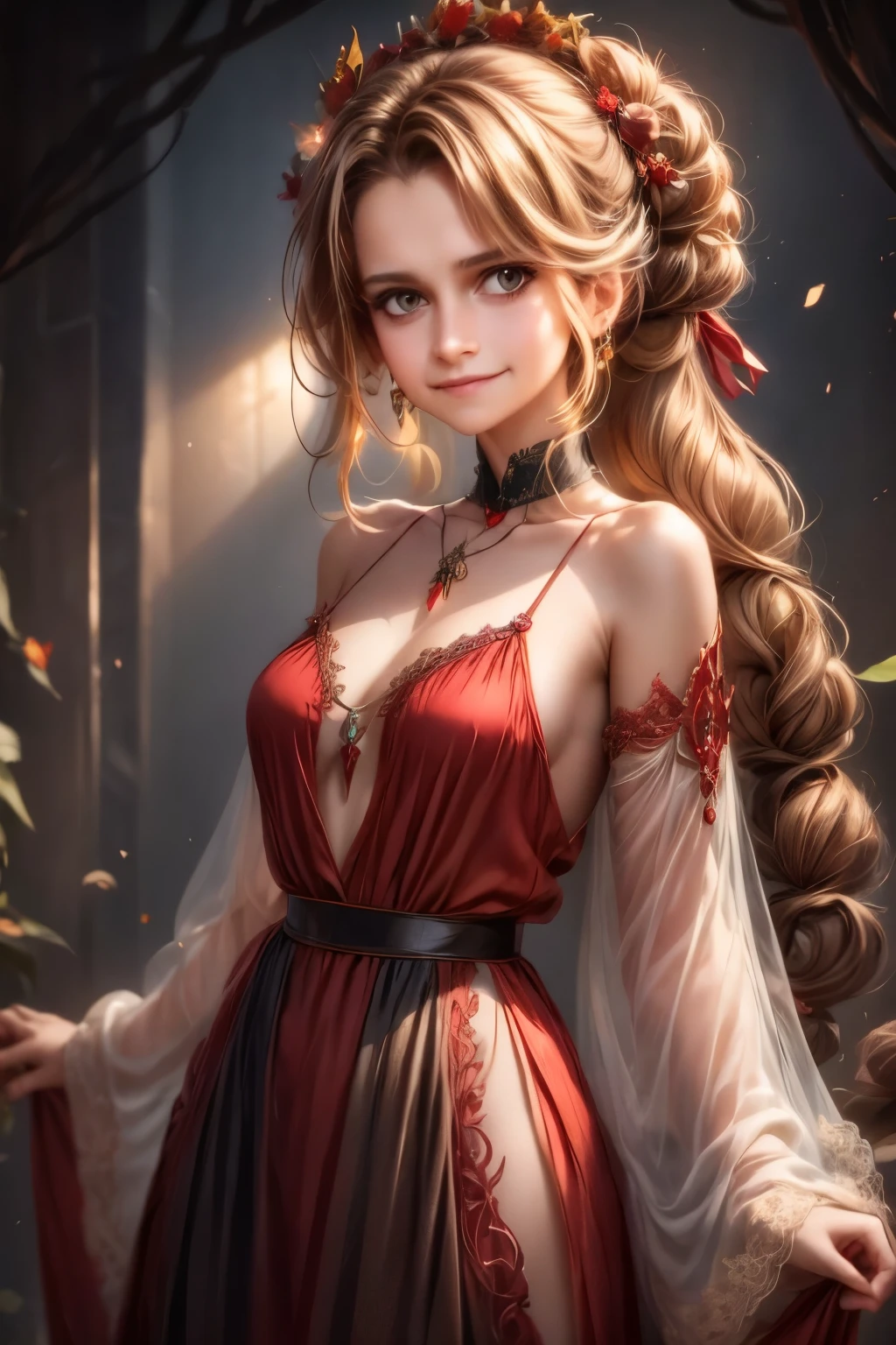 1girl, by kayahara, smile, long hair, dark dress, upper body, red pendant