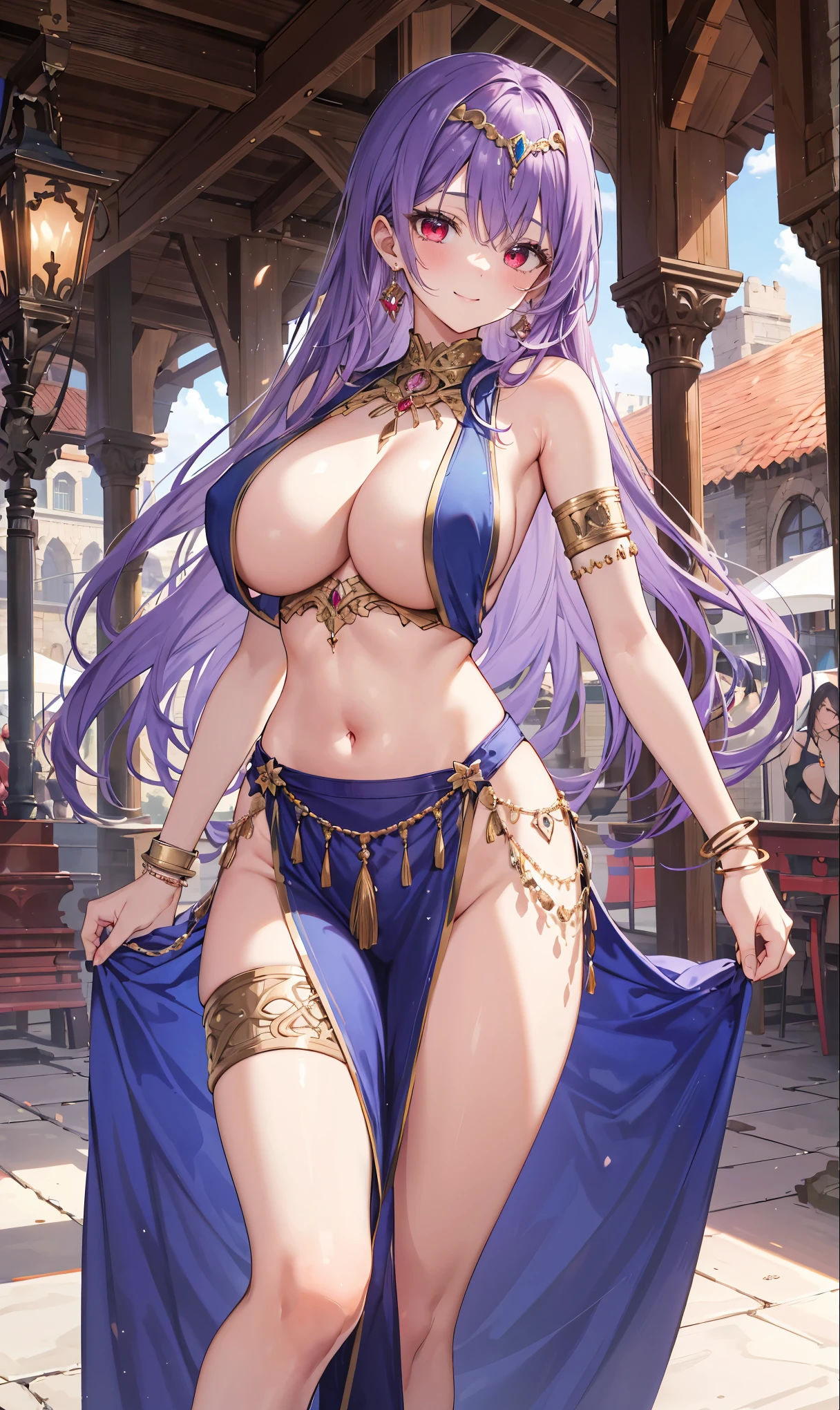 high quality, ultra detailed, best quality, insanely detailed, beautiful, masterpiece, 1girl, medieval plaza, cowboy shot, red eyes, long hair, purple hair, belly dancer, circlet, earrings, armlets, bracelets, bashful smile, large breasts, cleavage, soft stomach