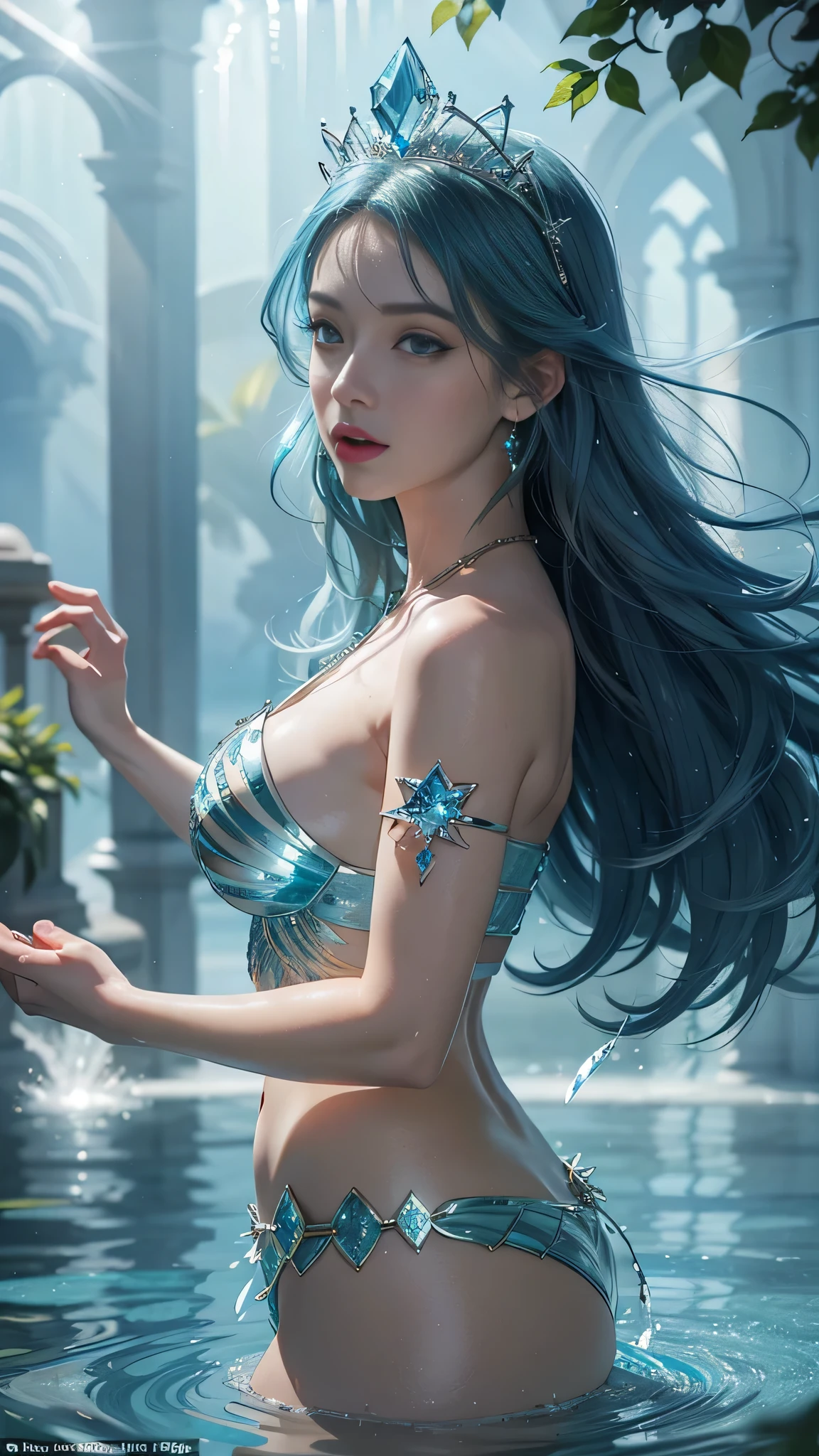 A Majestic Siren with Breathtaking, Luminous Azure Tresses, Regally Overlooking a Tranquil, Mirrored Water Surface, Exquisitely Crafted, Photorealistic, and Mesmerizingly Showcased in a Vivid 8K Resolution, Towering as a Rare Masterpiece, Radiating a Dazzling Glow and Ultra-Fine Details Highlighted by the Refracted Light of Rare Gems and Precious Stones.