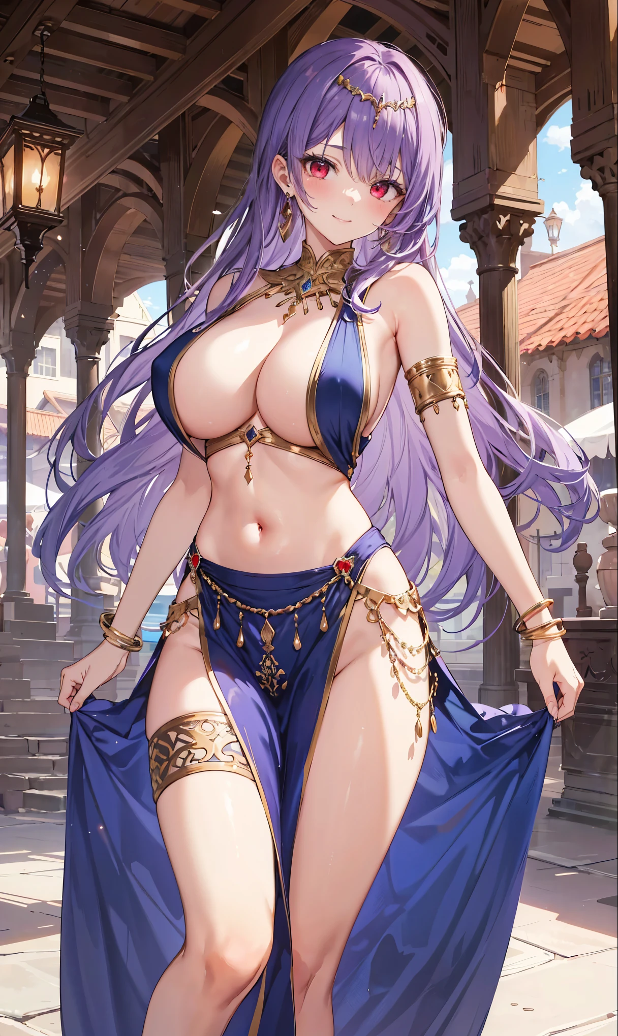 high quality, ultra detailed, best quality, insanely detailed, beautiful, masterpiece, 1girl, medieval plaza, cowboy shot, red eyes, long hair, purple hair, belly dancer, circlet, earrings, armlets, bracelets, bashful smile, large breasts, cleavage, soft stomach